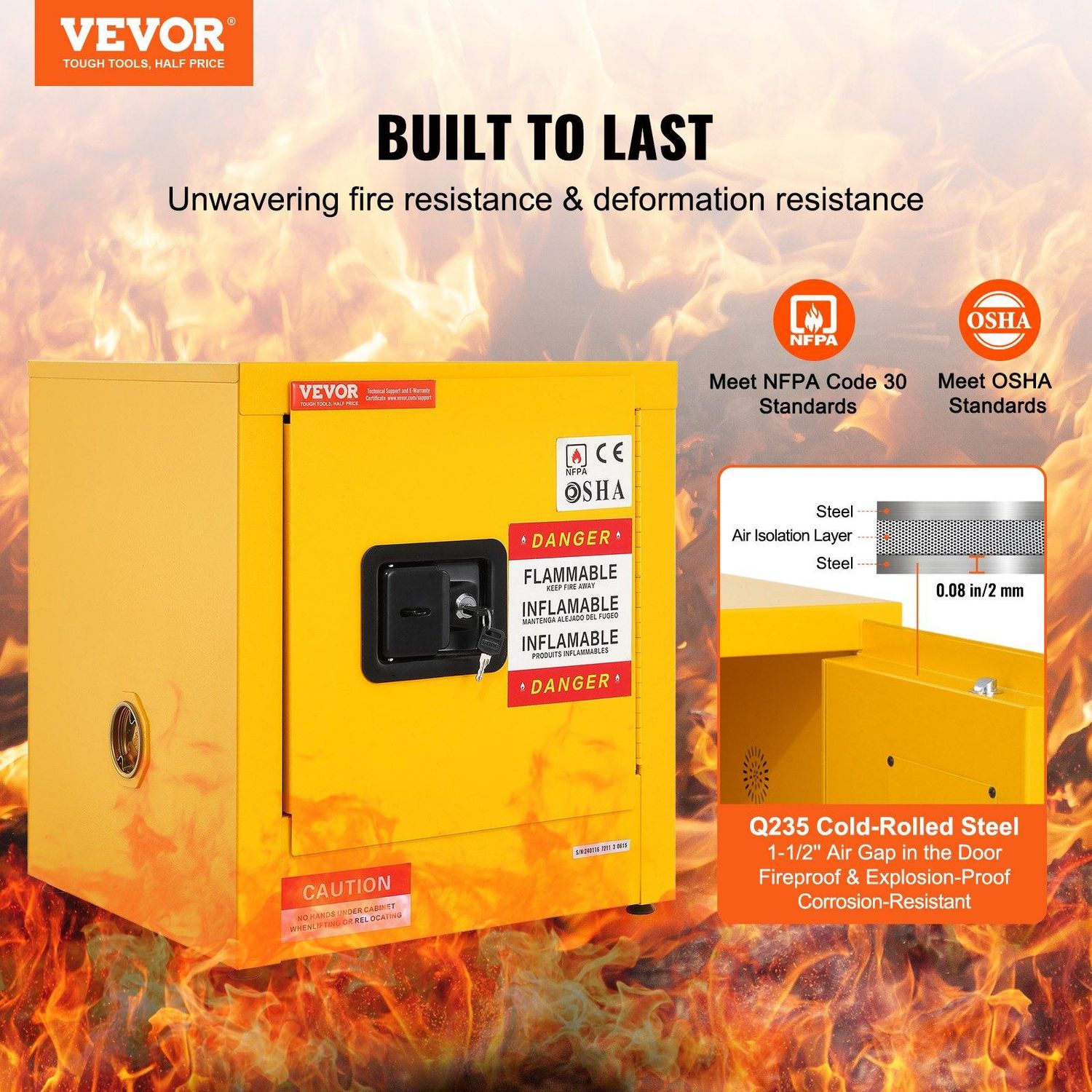 VEVOR Flammable Cabinet 16.9&quot; x 16.9&quot; x 18.2&quot;, Galvanized Steel Safety Cabinet, Size: 43 x 43 x 46 cm