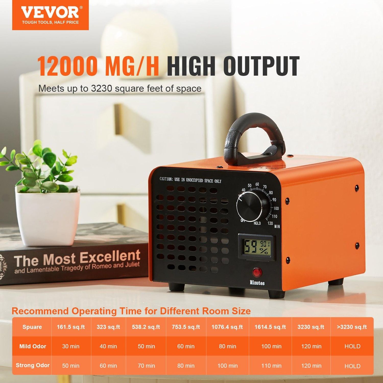 VEVOR Ozone Generator, 12000mg/h Ozone Machine Remover, High Capacity, Ozone Output: 12000 mg/h