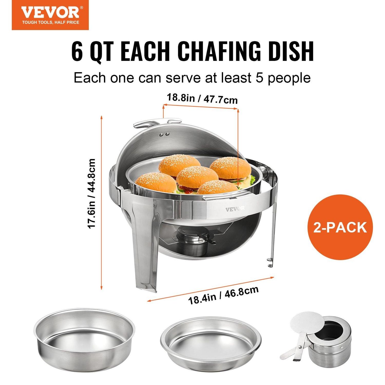 VEVOR Roll Top Chafing Dish Buffet Set, 6 Qt 2 Pack, Stainless Steel Chafer with, Style: Ball-shape