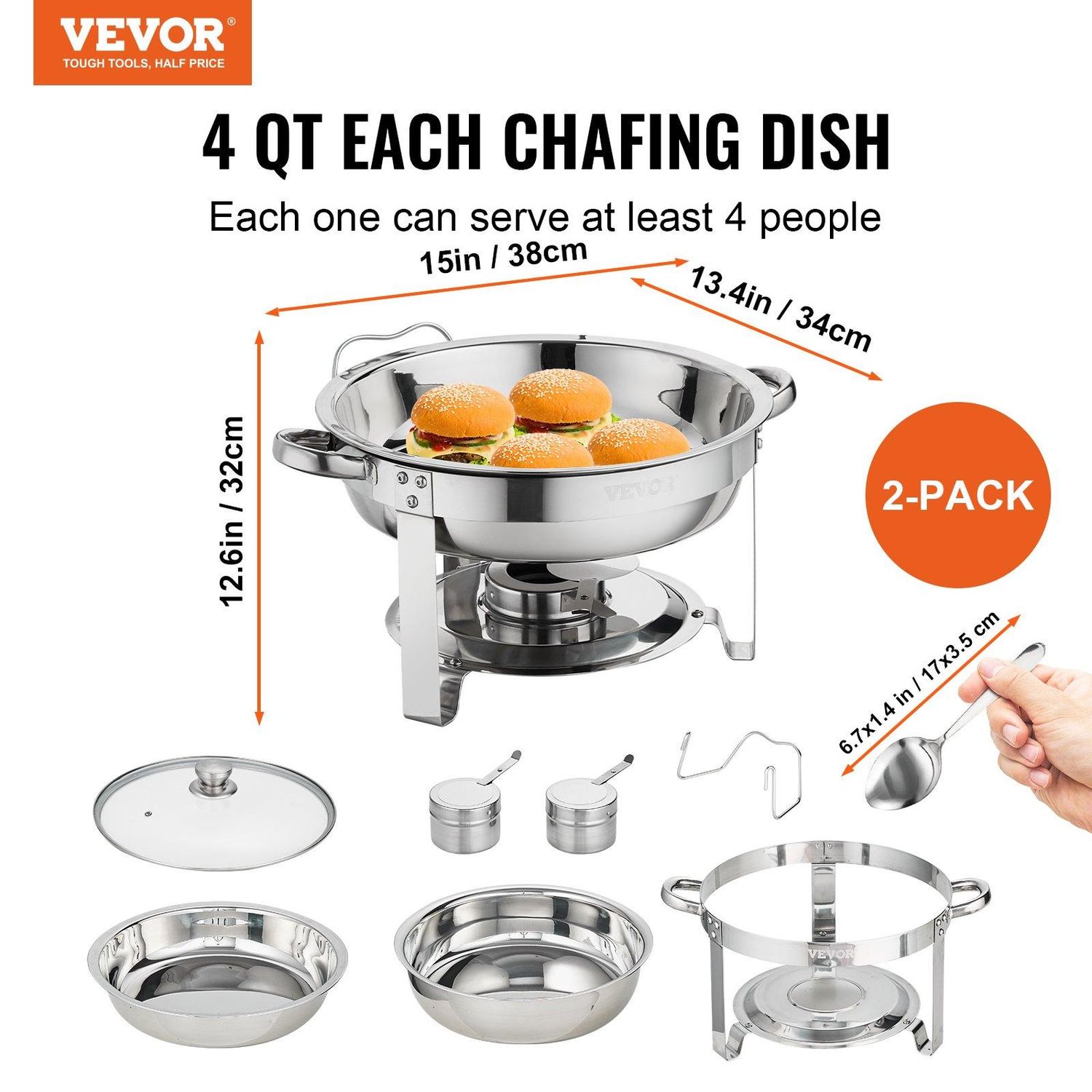 VEVOR Chafing Dish Buffet Set, 4 Qt 2 Pack, Stainless Steel Chafer with 2 Full, Style: Round