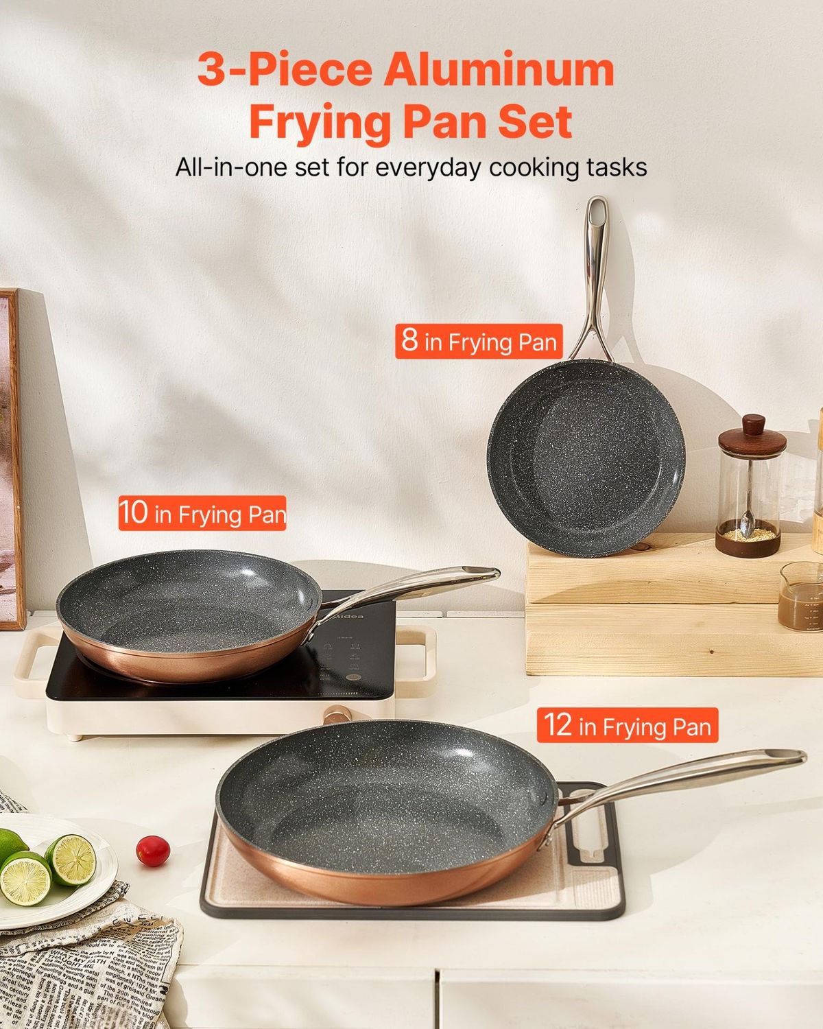 VEVOR Frying Pan Skillet, Aluminum Egg Fry Pans, 3 Piece (8, 10, 12 in, Style: Aluminum Skillet-Grey