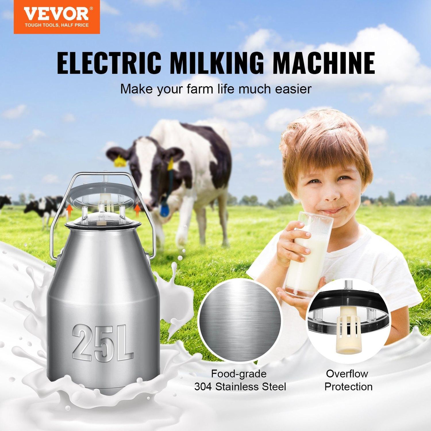 VEVOR Electric Cow Milking Machine, 6.6 Gal / 25 L 304 Stainless Steel Bucket
