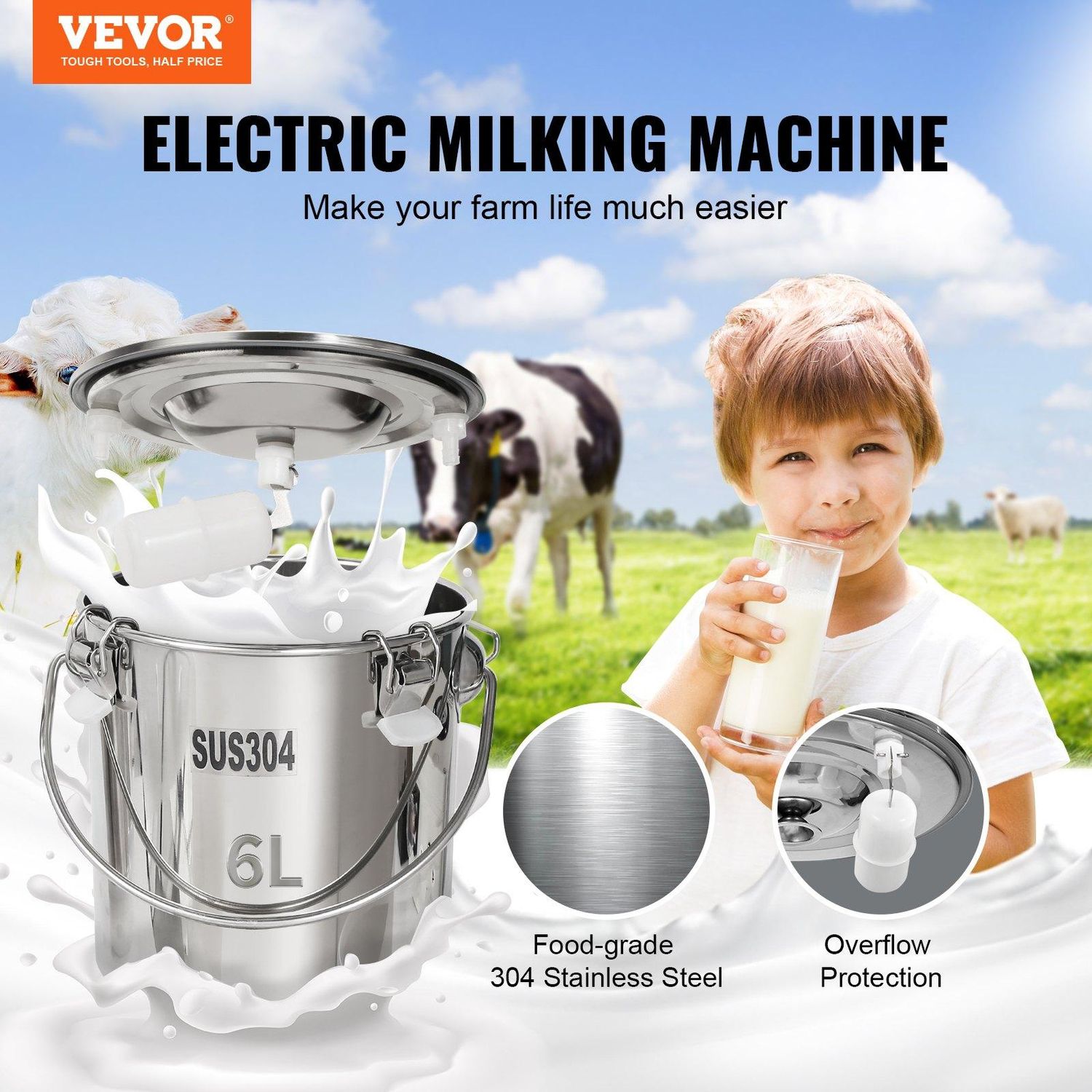 VEVOR Goat Milking Machine, 6 L 304 Stainless Steel Bucket, Electric Automatic, Capacity: 6 L