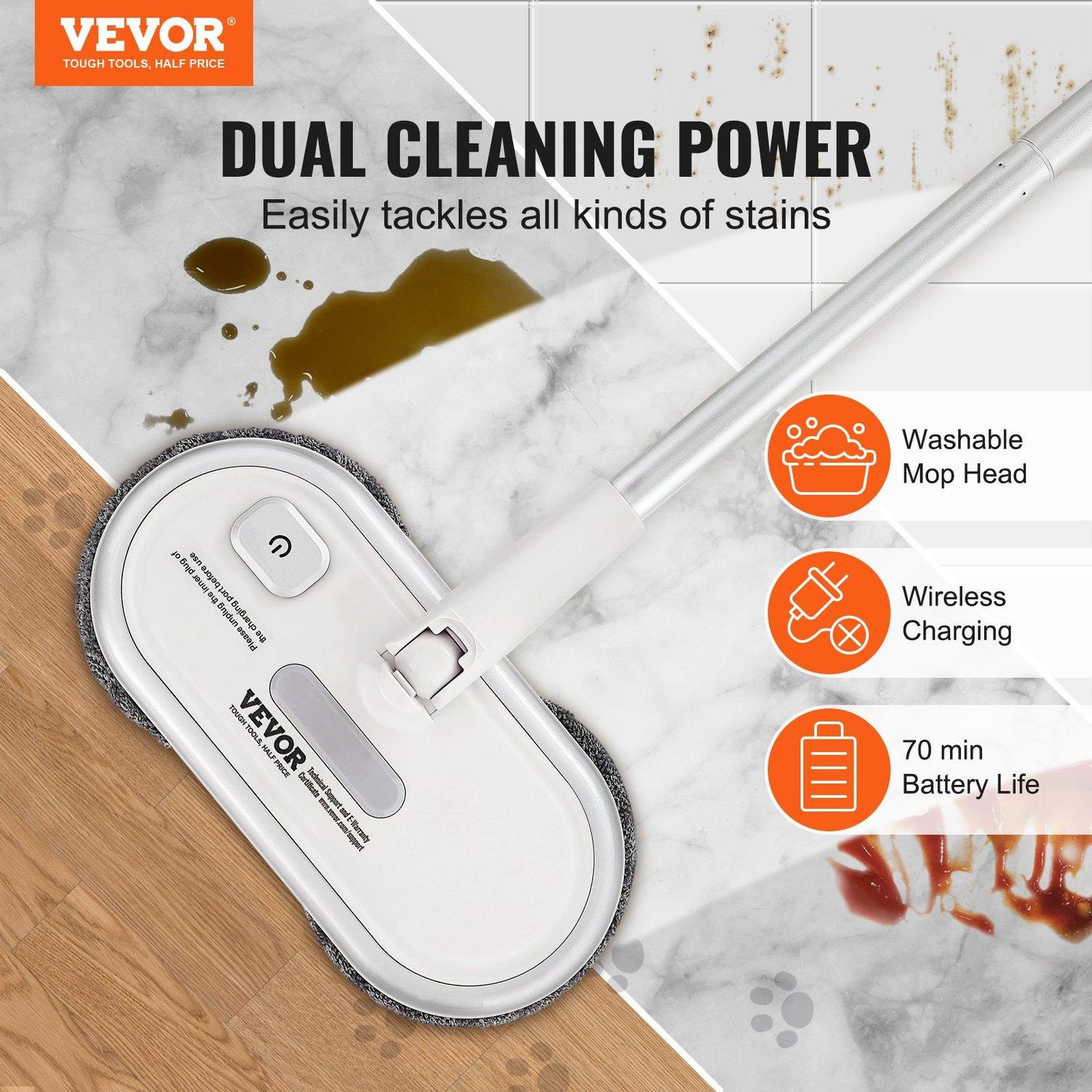 VEVOR Cordless Electric Mop, Up to 70 mins Powerful Battery, Electric Spin Mop, With or Without Water Tank: Without Water Tank