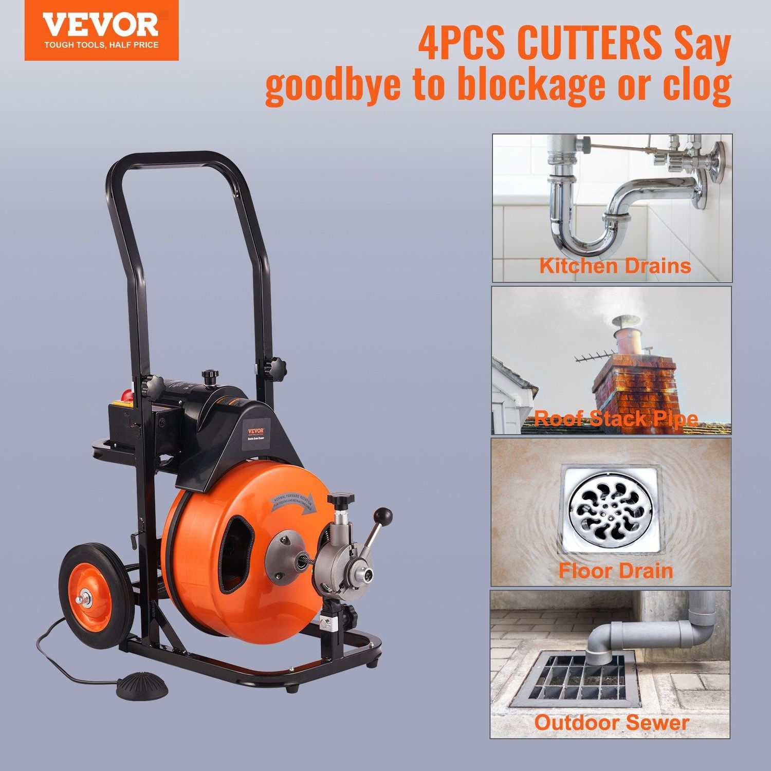 VEVOR Drain Cleaning Machine 100FT x 3/8 Inch, Sewer Snake Machine Auto Feed, Cable Length: 100 ft