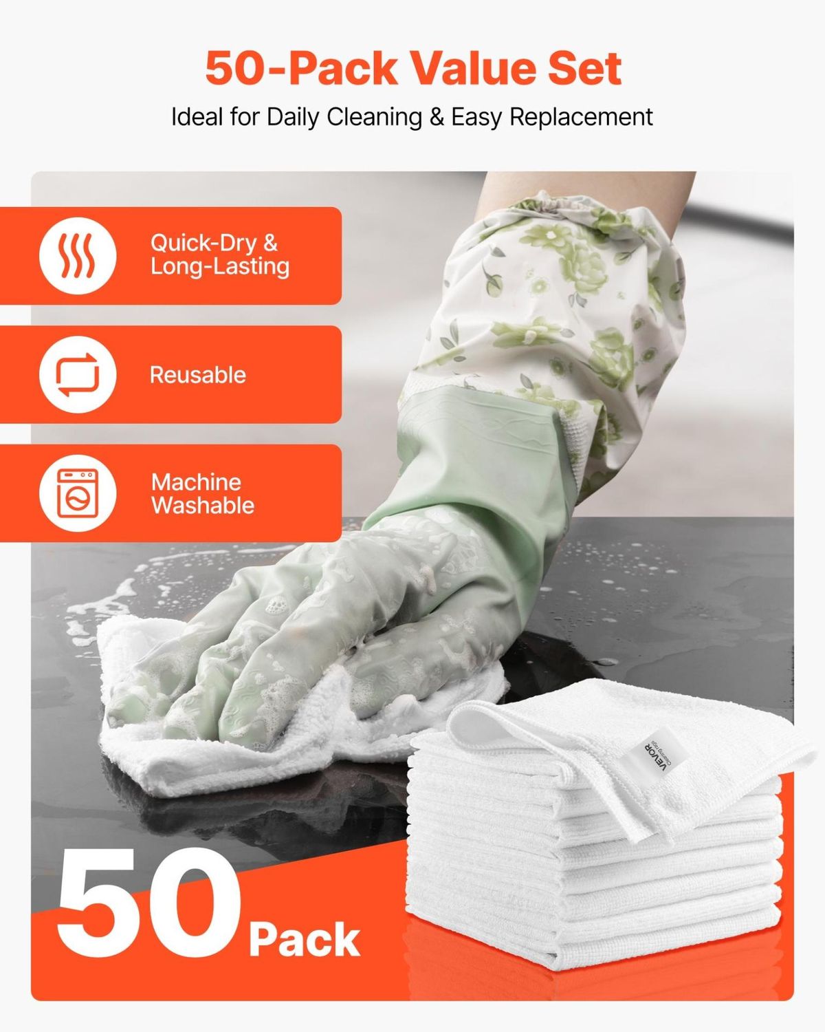 VEVOR 50 Pack White Microfiber Cleaning Cloth, 12 x 12 in Premium Microfiber, Size: 12 x 12 inch