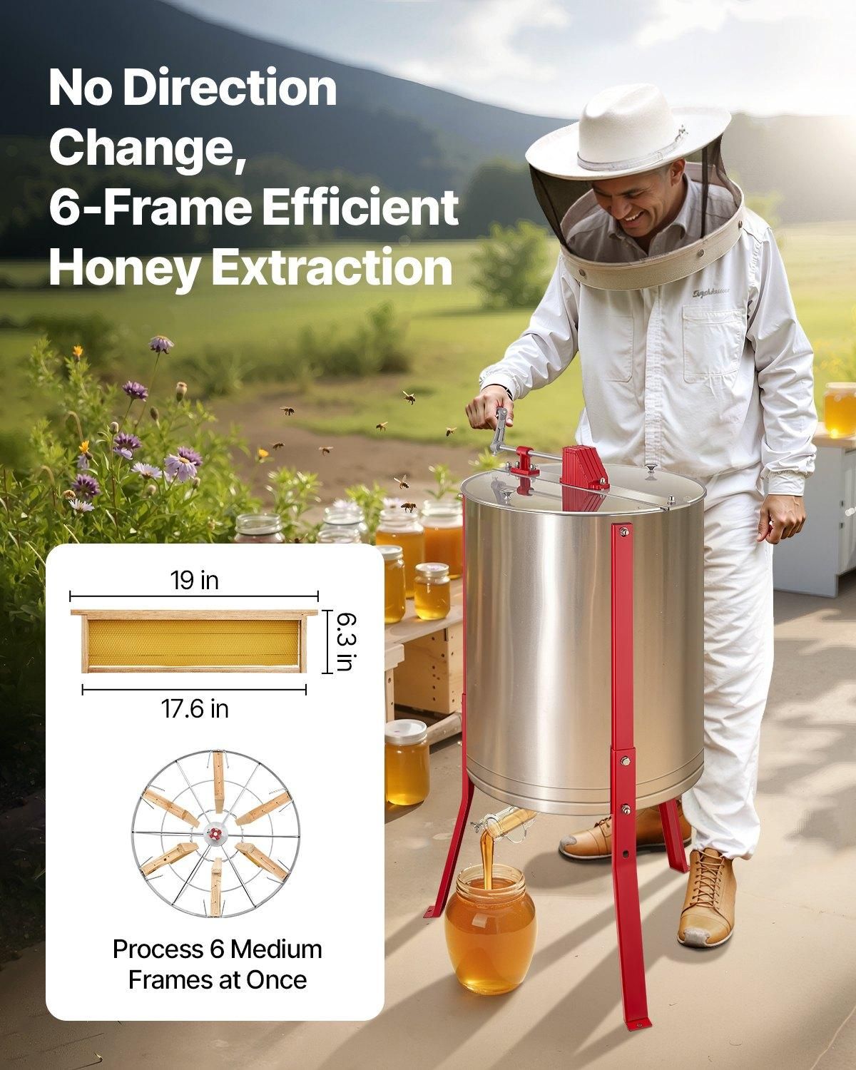 VEVOR Honey Extractor, 6 Frame Manual Honey Spinner with Transparent Lid, Frame Capacity: 6-Frame