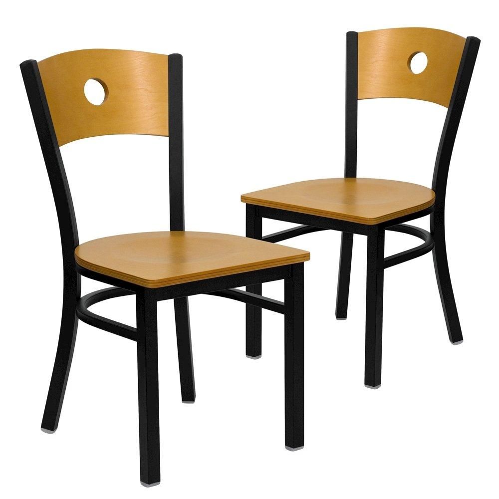 2 Pk. Black Circle Back Metal Restaurant Chair - Natural Wood Back &amp; Seat