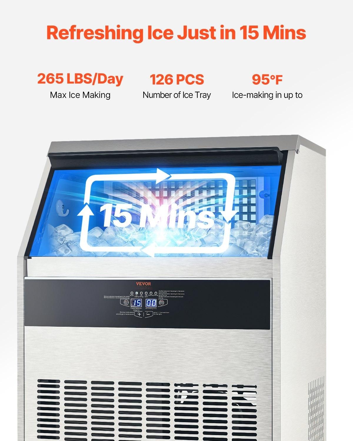 VEVOR 265lbs/24H Commercial Ice Maker Machine, 88lbs Storage Capacity Ice Maker, Ice Making Capacity: 265lbs/24h