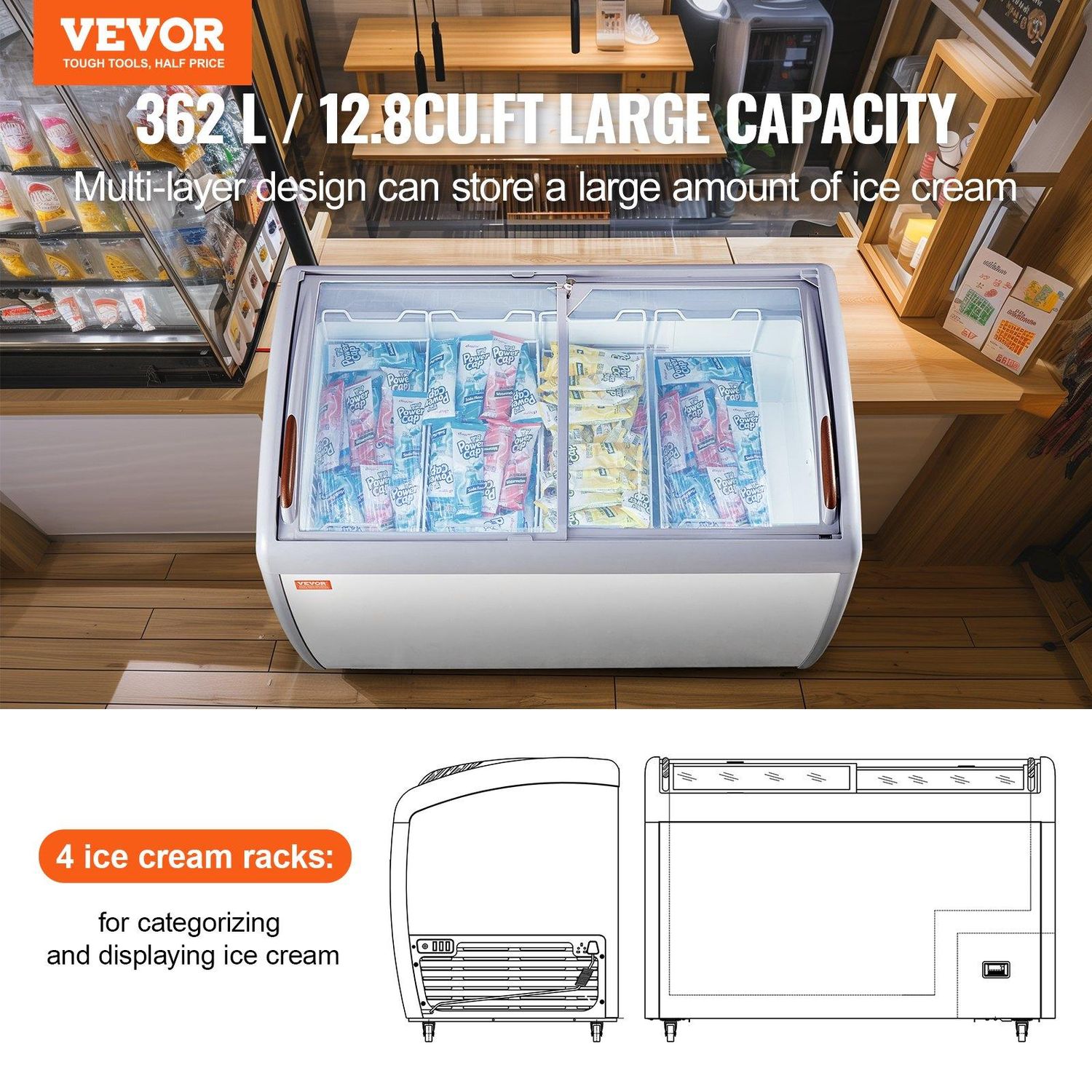 VEVOR Commercial Ice Cream Display Case, 12.8 Cu.ft Chest Freezer, Mobile Glass, Capacity: 12.8 cu.ft