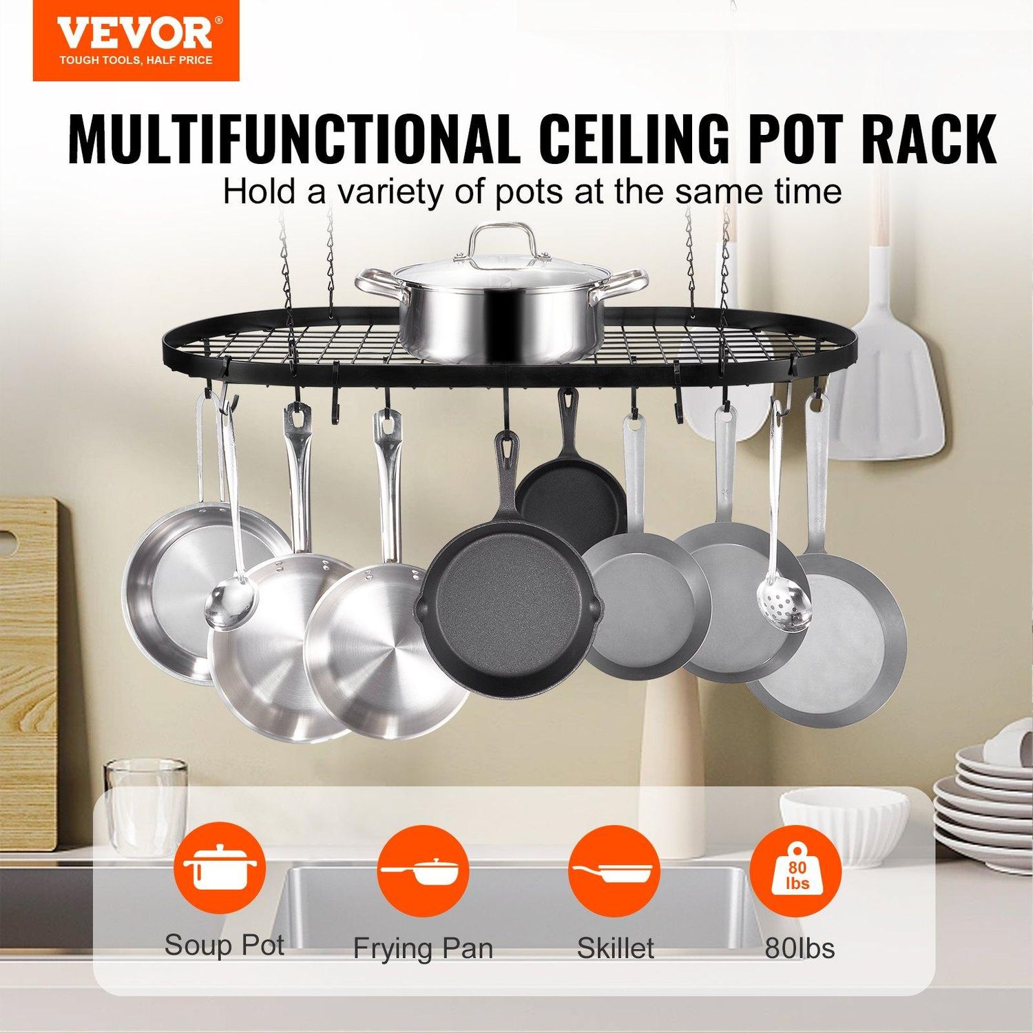 VEVOR Hanging Pot Rack, 32 inch Hanging Pot Rack Ceiling Mount, Ceiling Pot Rack, Type: Ceiling Type