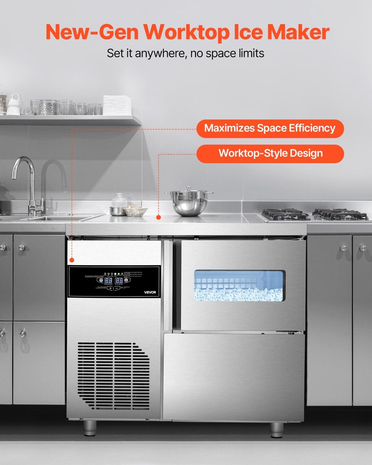 VEVOR Commercial Ice Maker Machine, 132 lbs/24H Stainless Steel Ice Machine with, Ice Making Capacity: 132 lbs/24 h