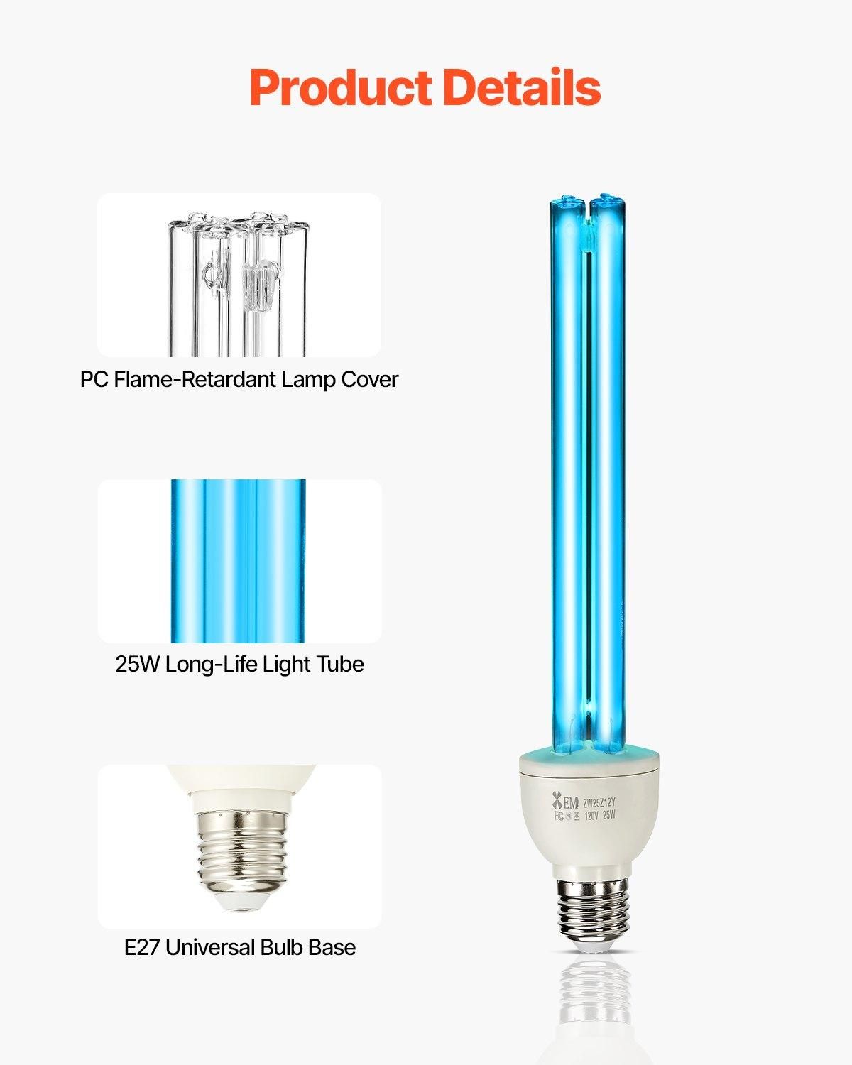 VEVOR UV Light Bulb, 2 Pack, 25W Replacement Ultraviolet UVC Lamp with Ozone, Power: 25W