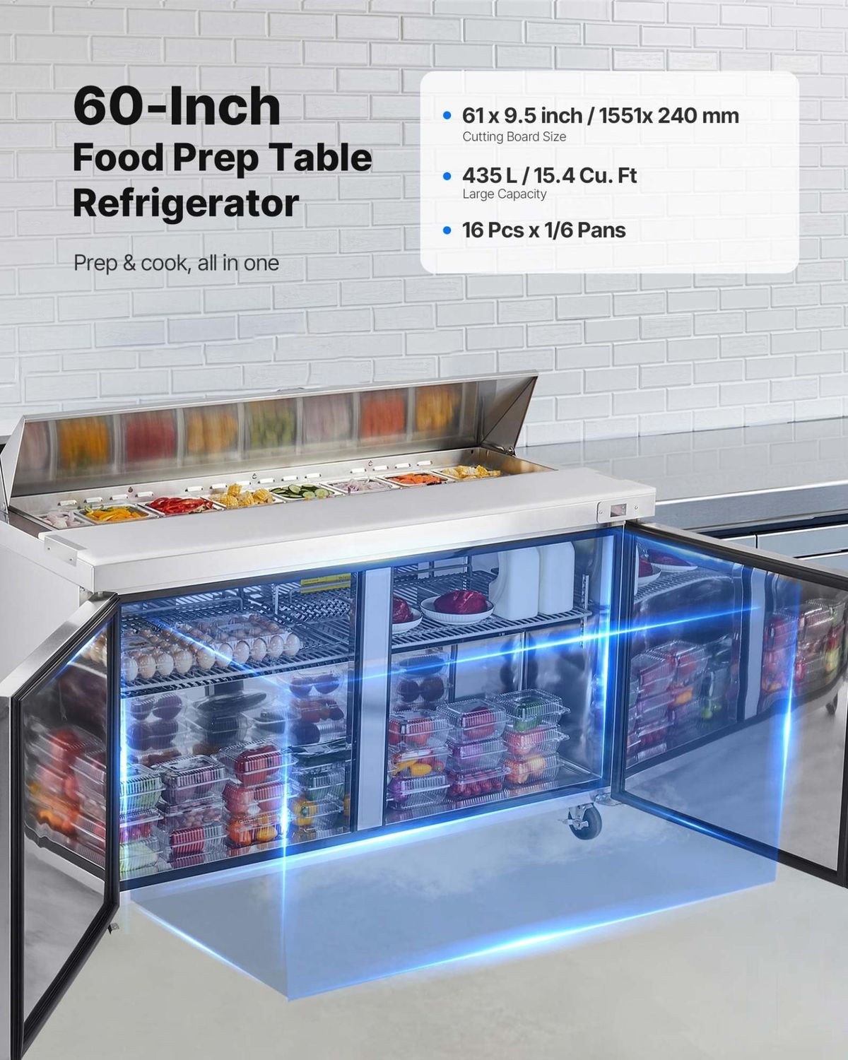 VEVOR 60&quot;W Commercial Refrigerator, 15.4 Cu. Ft Sandwich Prep Refrigerated