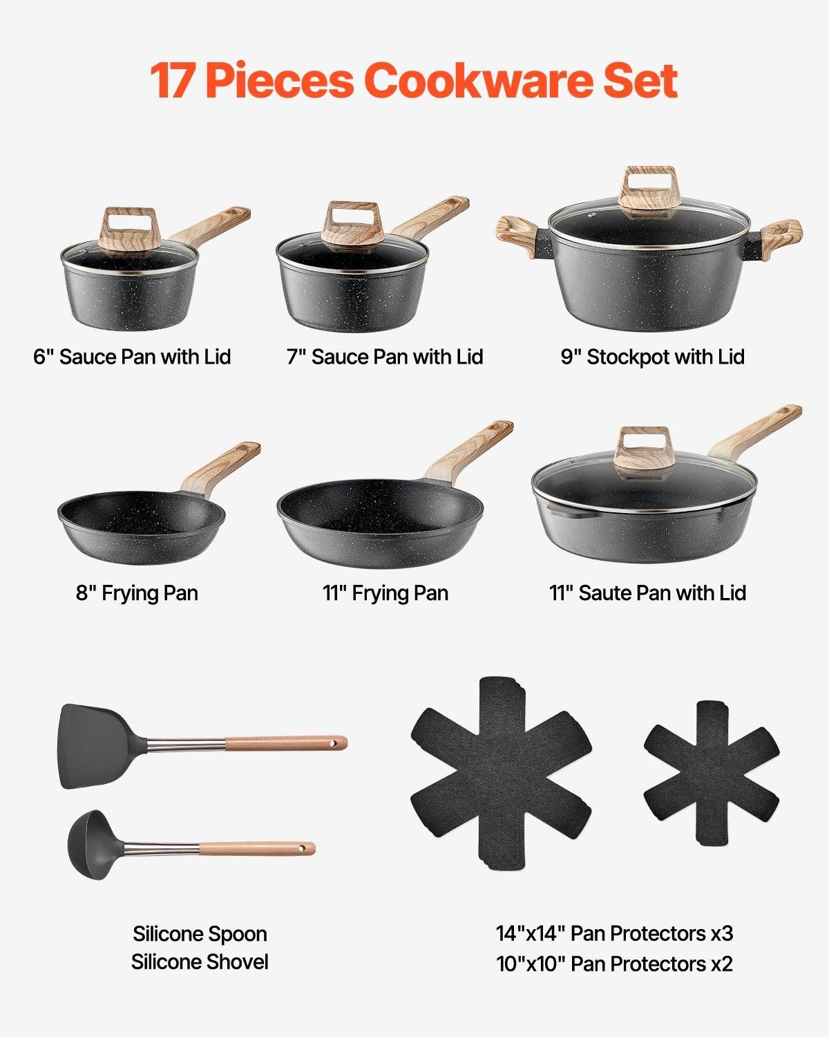 VEVOR 17 Piece Pots and Pans Set Nonstick, Granite Cookware Set, Induction, Color: Black