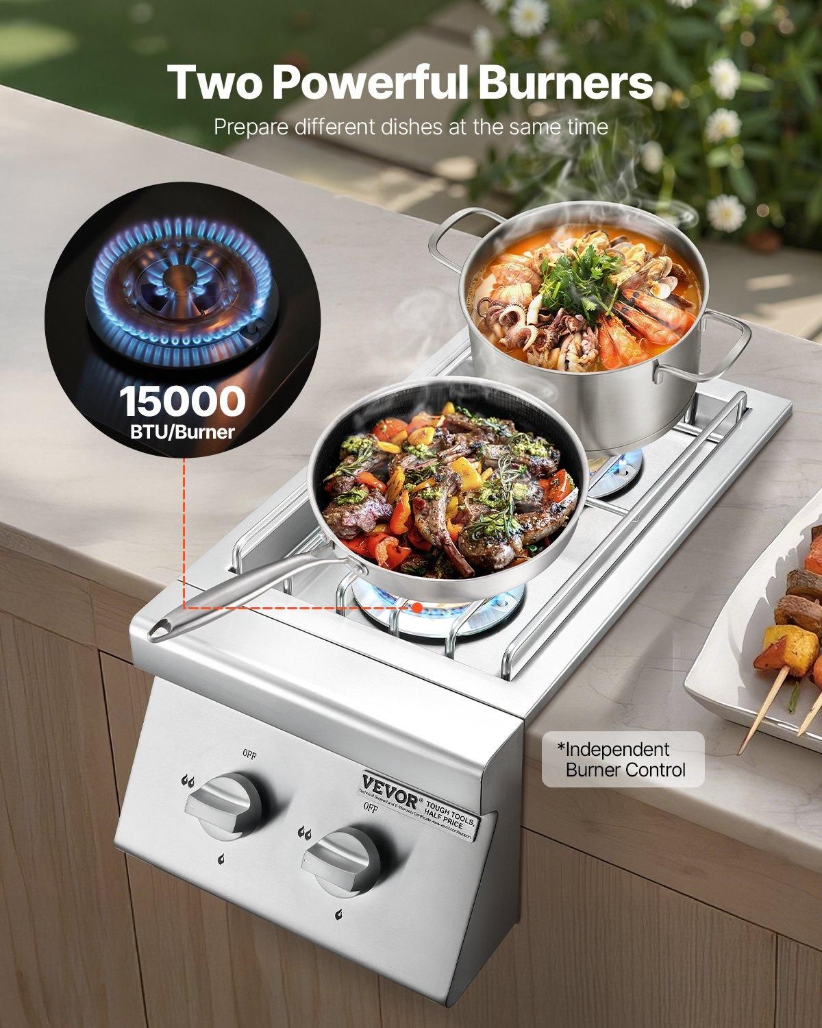 VEVOR Double Grilling Side Burners, 2 x 15,000BTU Liquid Propane Side Burner for, With Light or Not: Without Light
