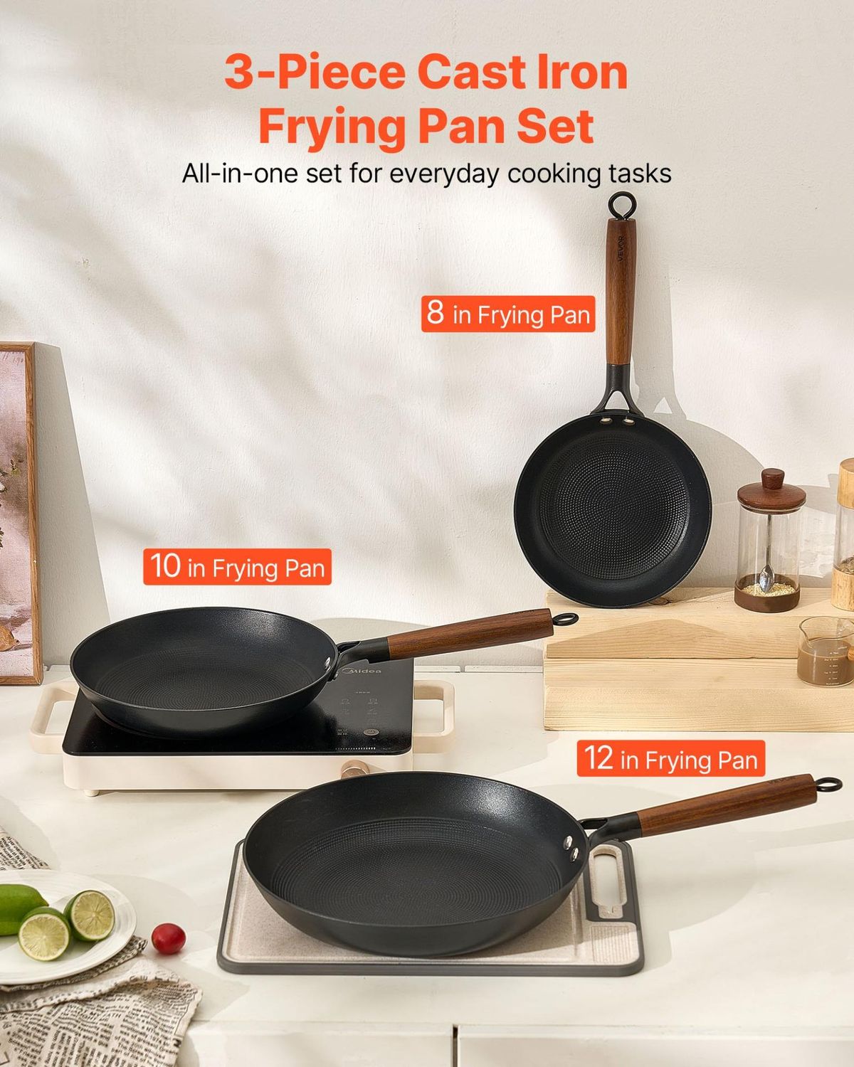VEVOR Cast Iron Skillet, 3-Piece Frying Pan Set (8, 10, 12 in), Nonstick, Product Size: 8-10-12 in