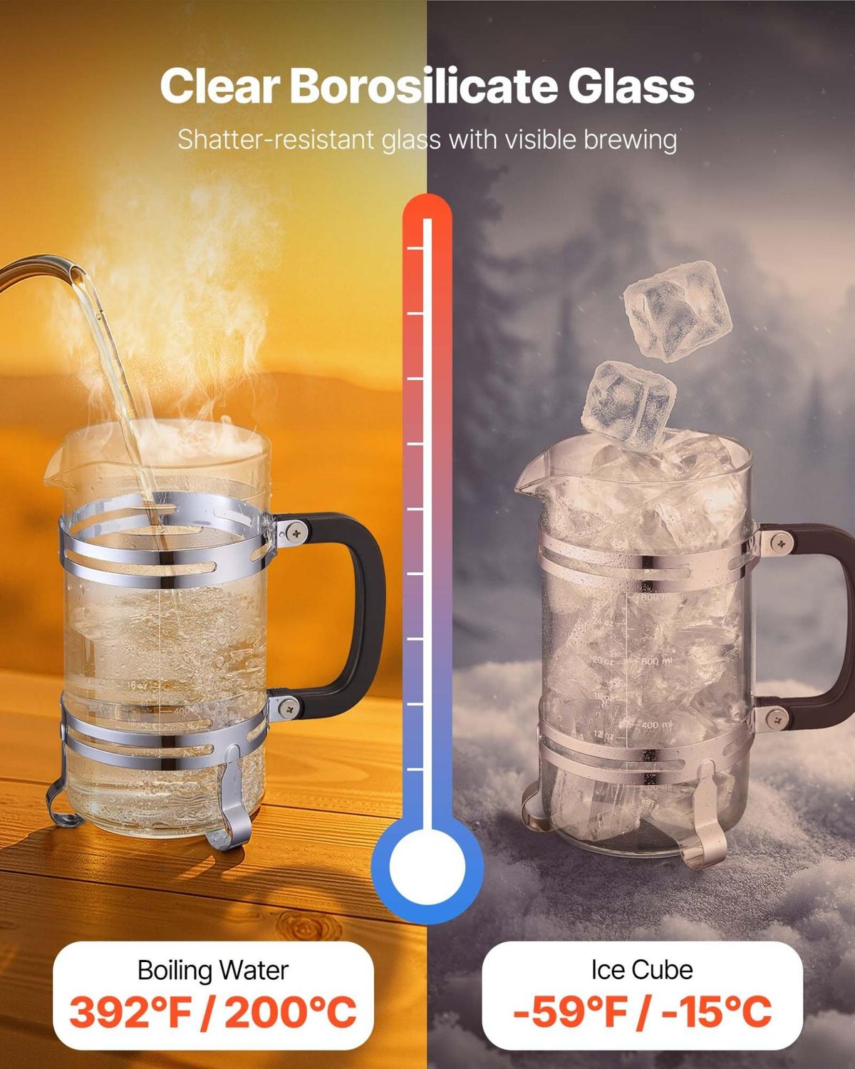 VEVOR French Press Coffee Maker, 34 Ounce 1 Liter Borosilicate Glass Coffee, Color: Silver