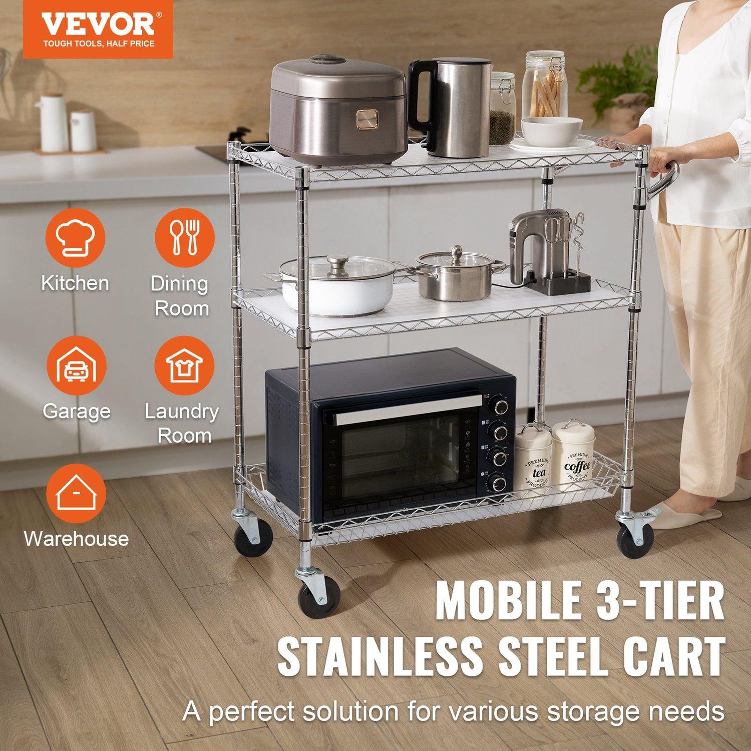 VEVOR Kitchen Utility Cart, 3 Tiers, Wire Rolling Cart with 661LBS Capacity, Size: 40.5x17.7x40.9 inch