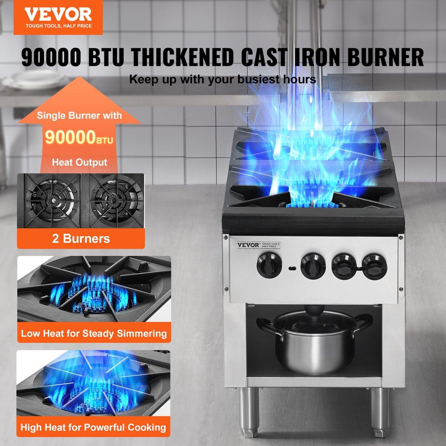VEVOR Commercial Gas Stove with 2 Burners, Propane and Natural Gas Countertop