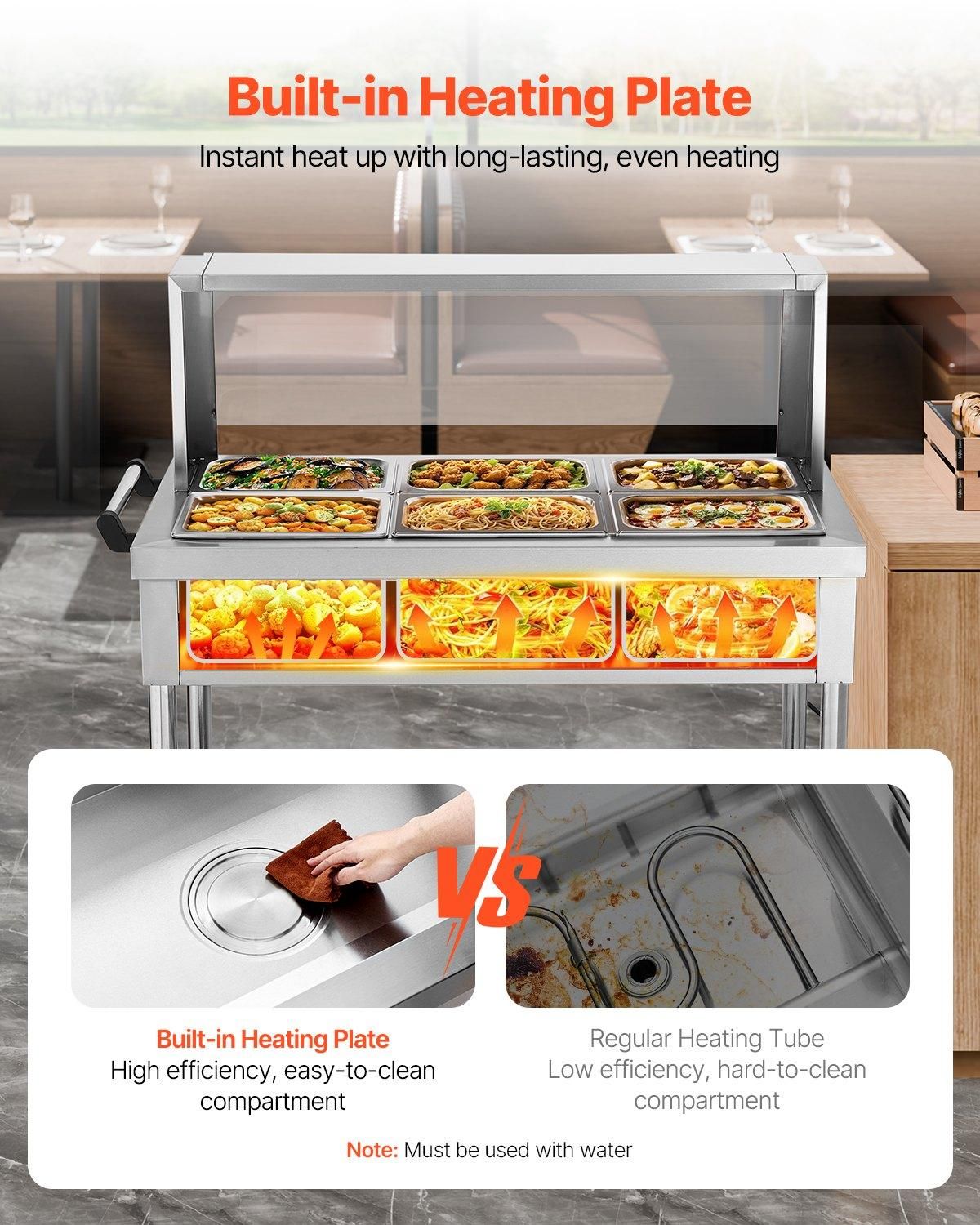 VEVOR 6-Pan Commercial Food Warmer, 6 x 1/2 Pans Electric Steam Table, 1500W
