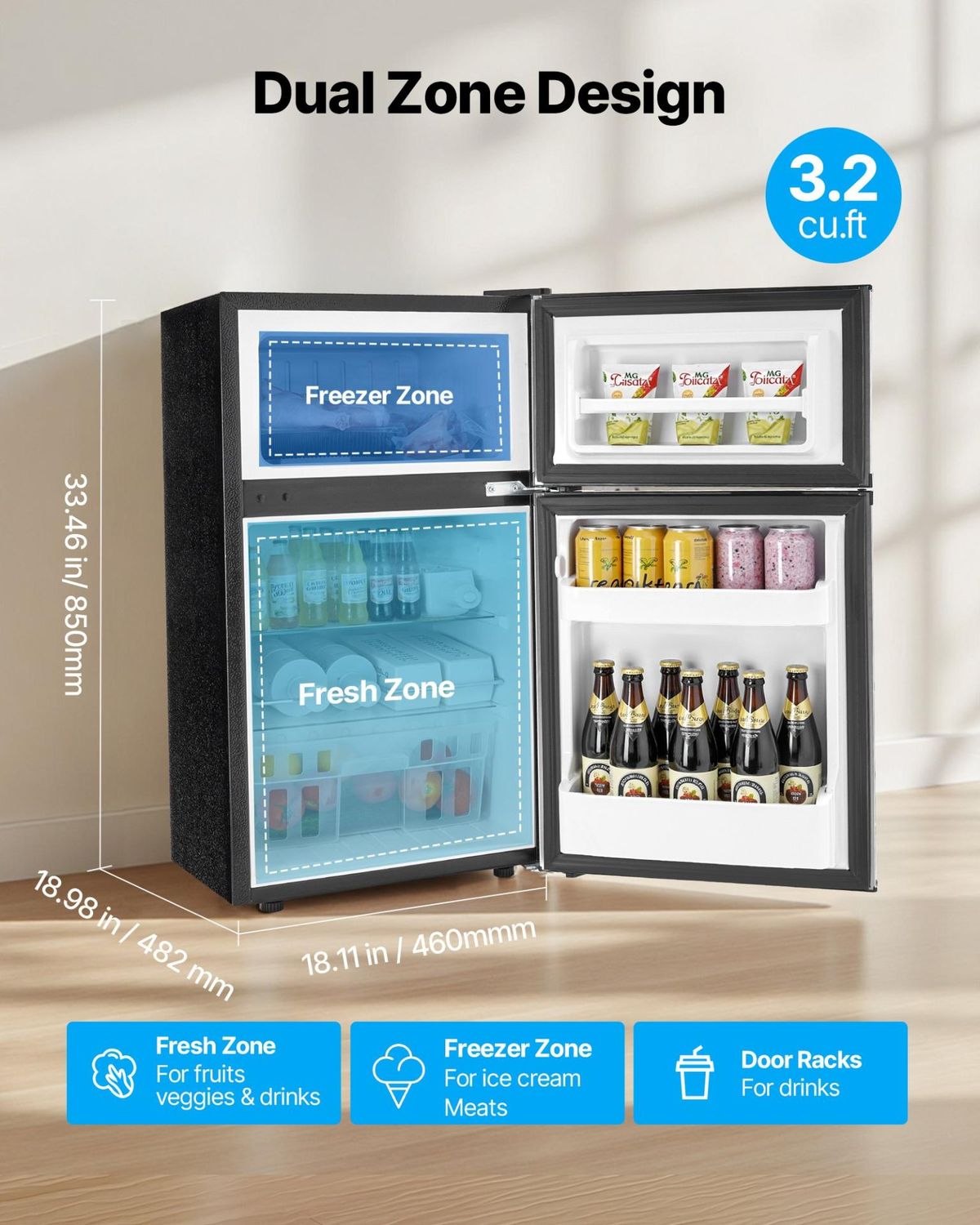 VEVOR Mini Fridge with Freezer, 3.2 Cu.Ft, Two Door Compact Refrigerator