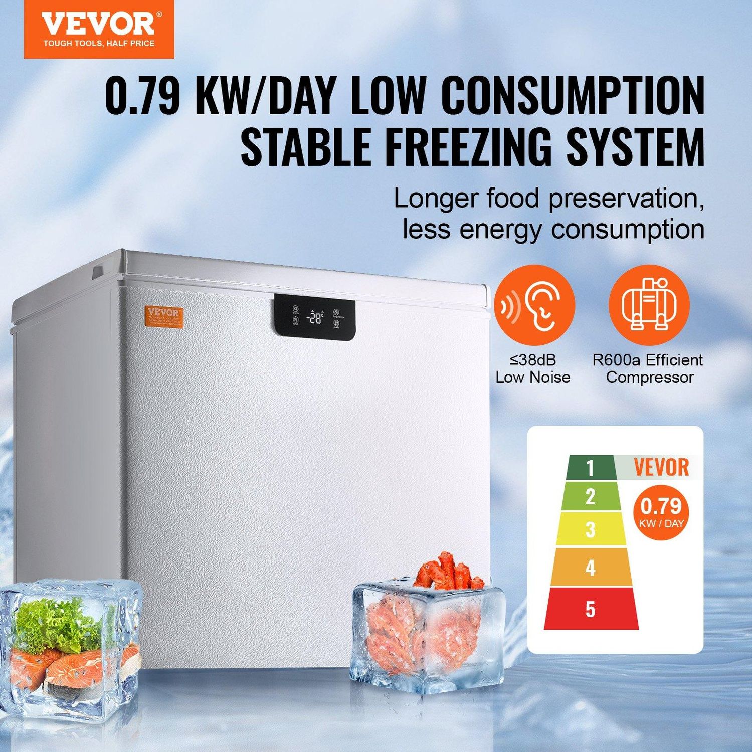 VEVOR Chest Freezer, 5.4 Cu.ft / 153 L Compact Deep Freezer, Free Standing Top