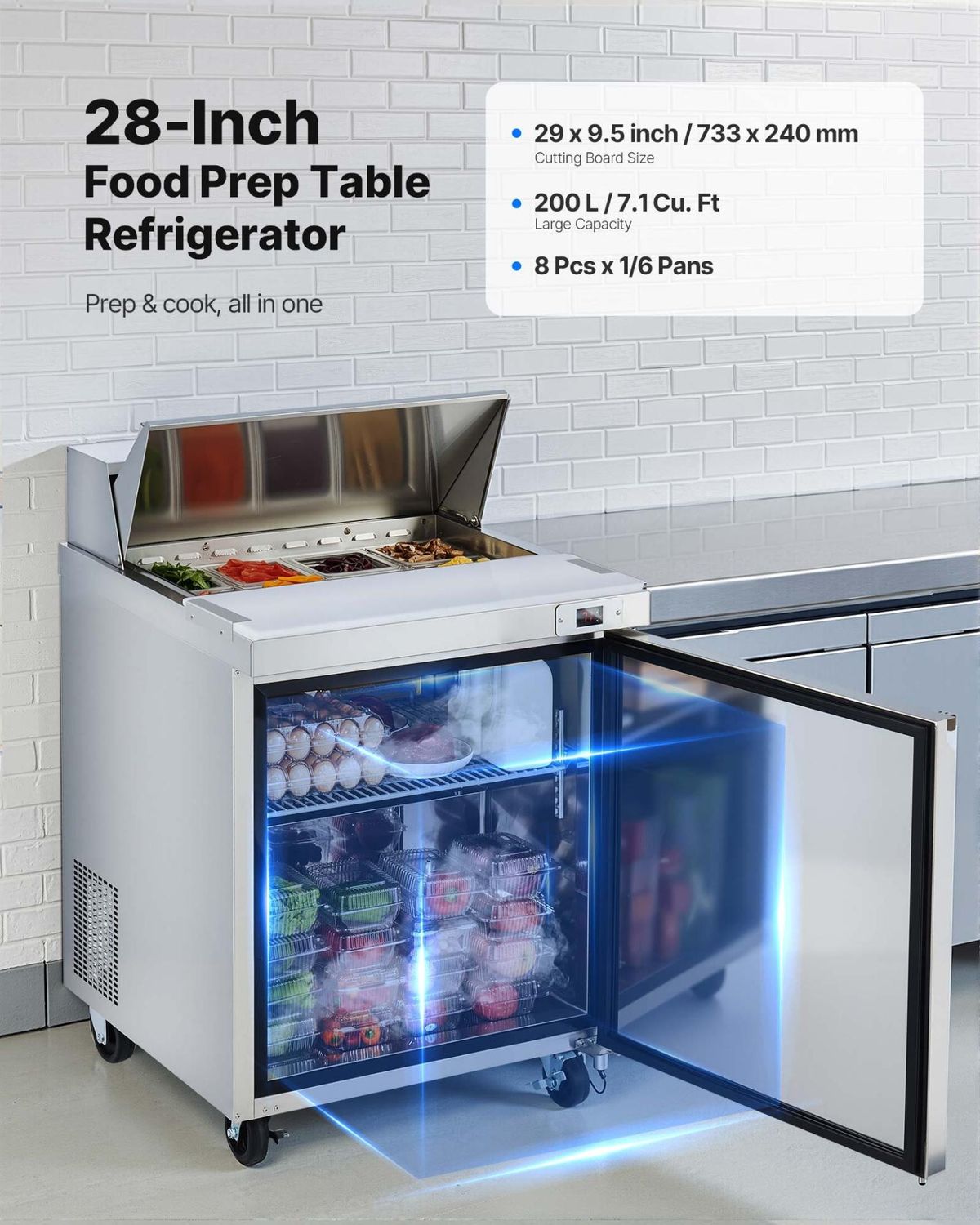 VEVOR 28&quot;W Commercial Refrigerator, 7.1 Cu. Ft Sandwich Prep Refrigerated Table,