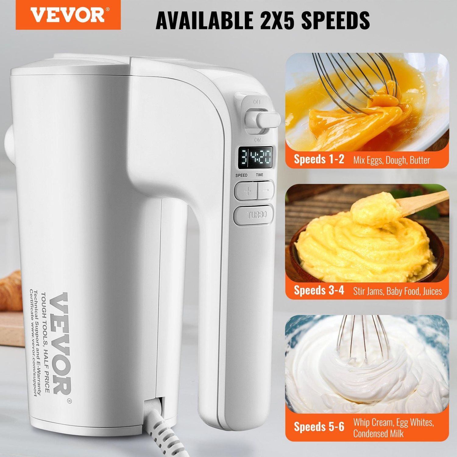 VEVOR Digital Electric Hand Mixer, 5-Speed, 200W Portable Electric Handheld