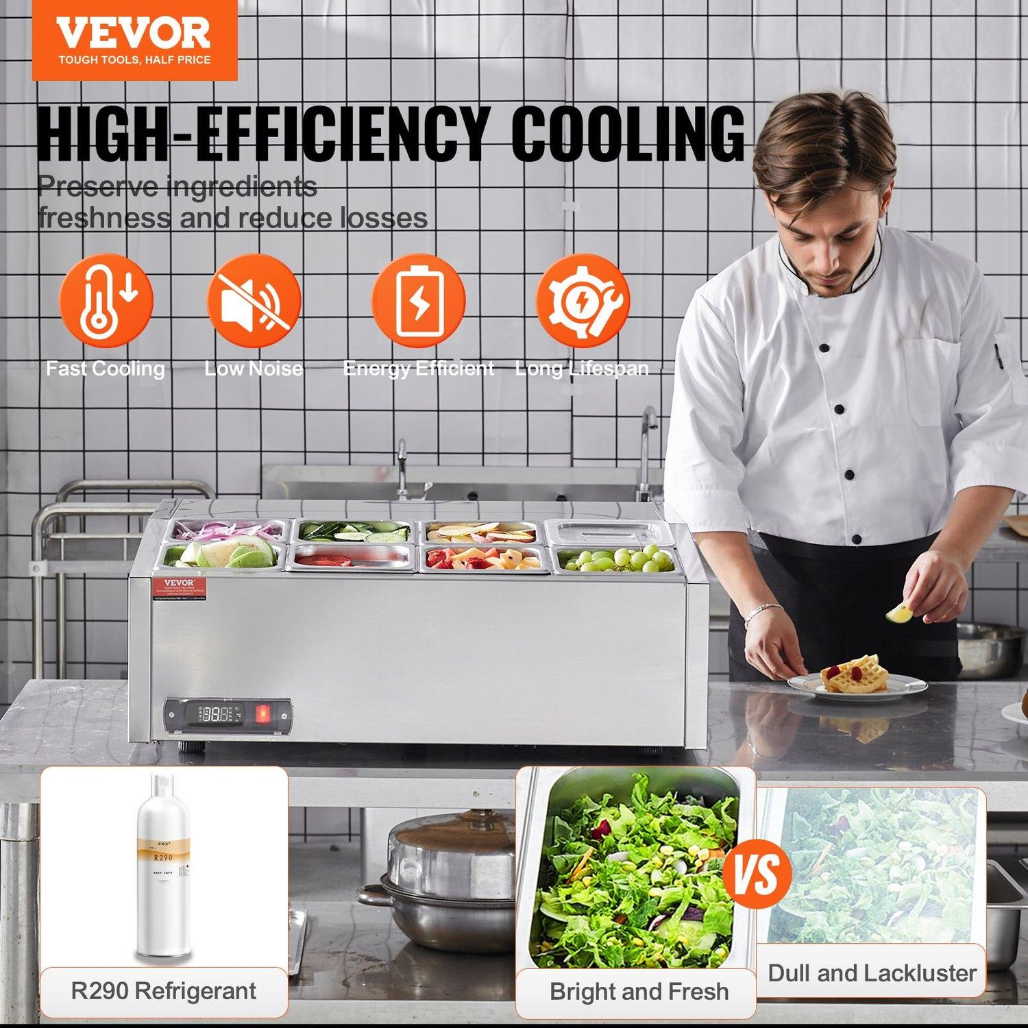 VEVOR Refrigerated Condiment Prep Station, 140 W Countertop Refrigerated