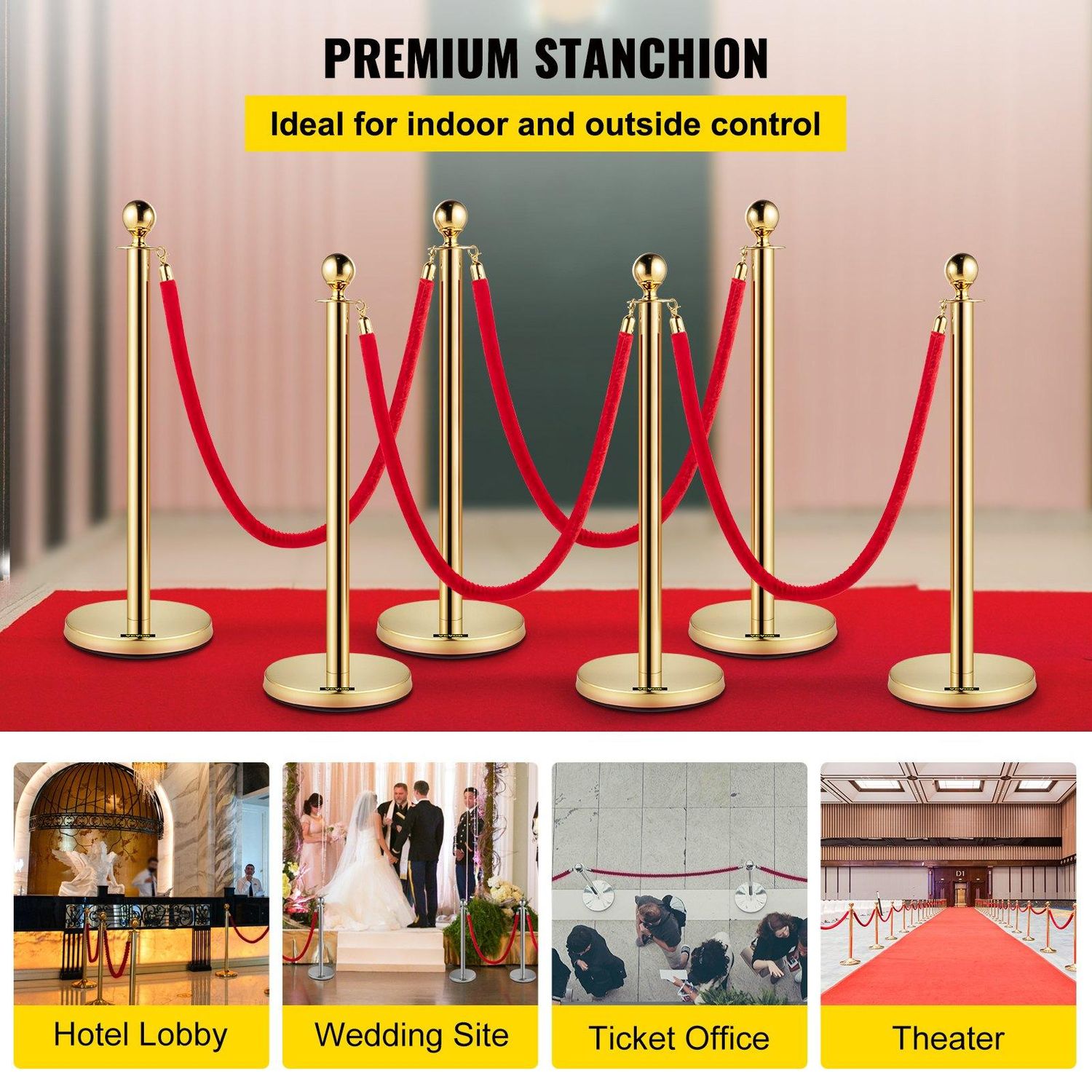 VEVOR 6 PCS Gold Stanchions Posts Stainless Steel Stanchion Queue Post Red Rope
