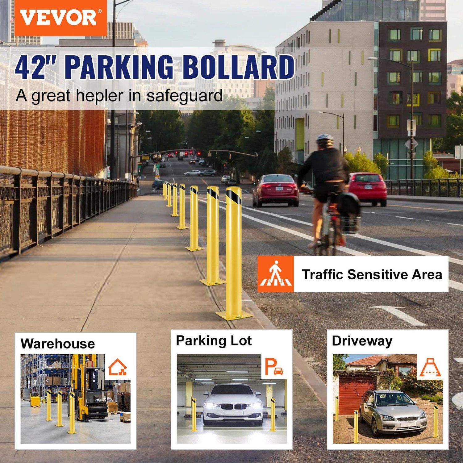 VEVOR Safety Bollard, 42 Inch Height Bollard Post, 4.5 Inch Diameter Steel Pipe