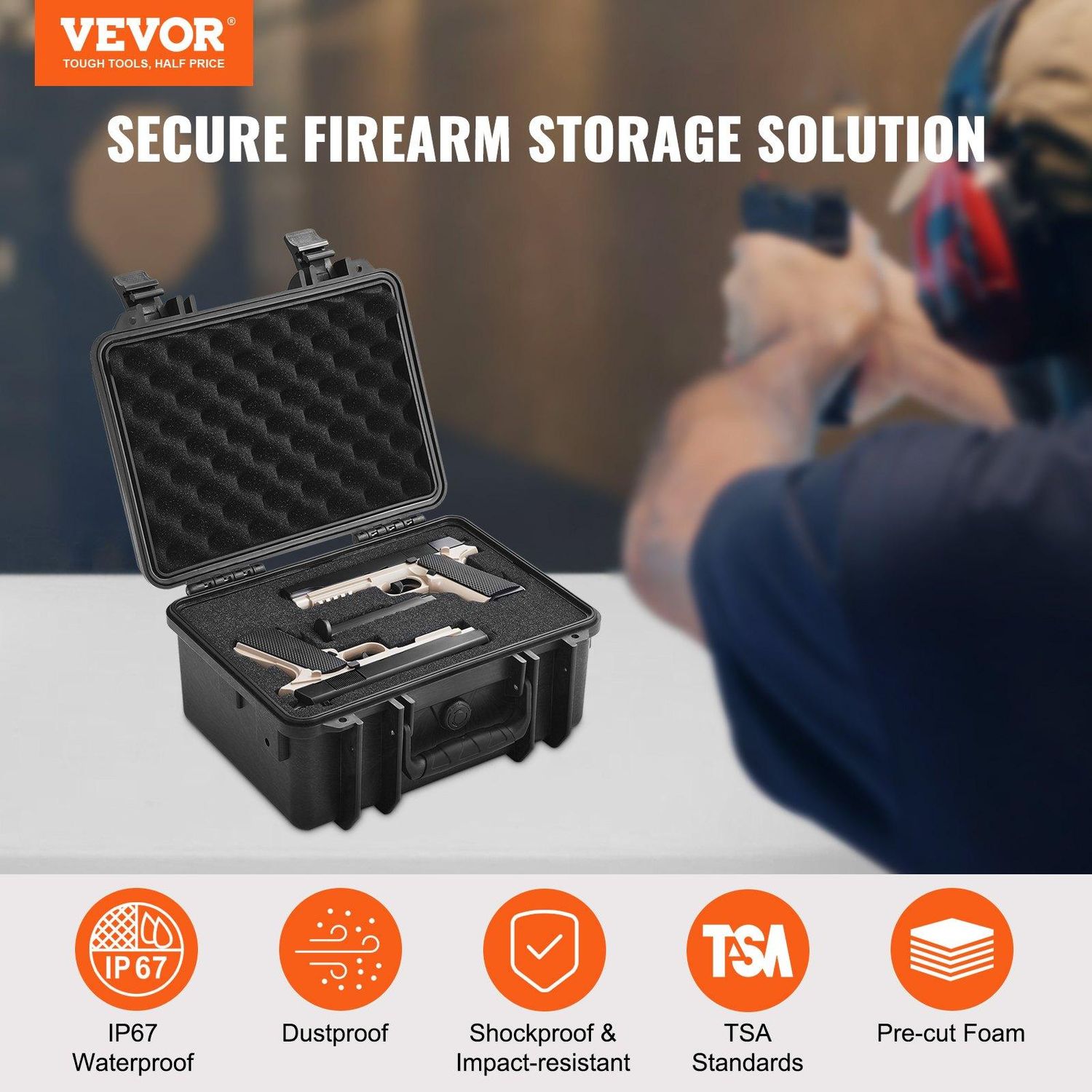 VEVOR Hard Pistol Cases with Pre-cut PU Foam, Waterproof &amp; Dustproof Hard Gun