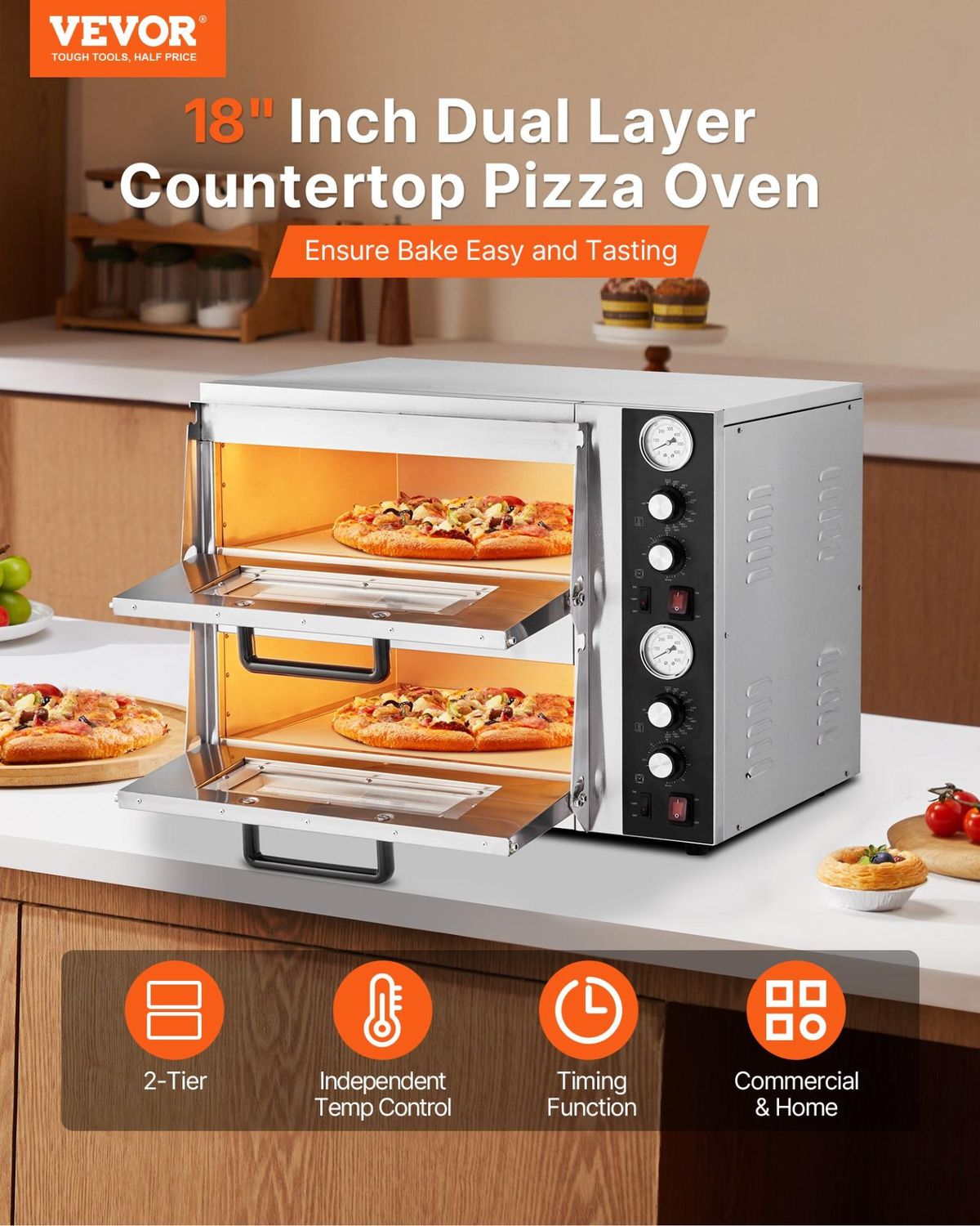 VEVOR Pizza Oven Electric, 18&quot; Double-Deck Commercial Countertop Pizza Oven