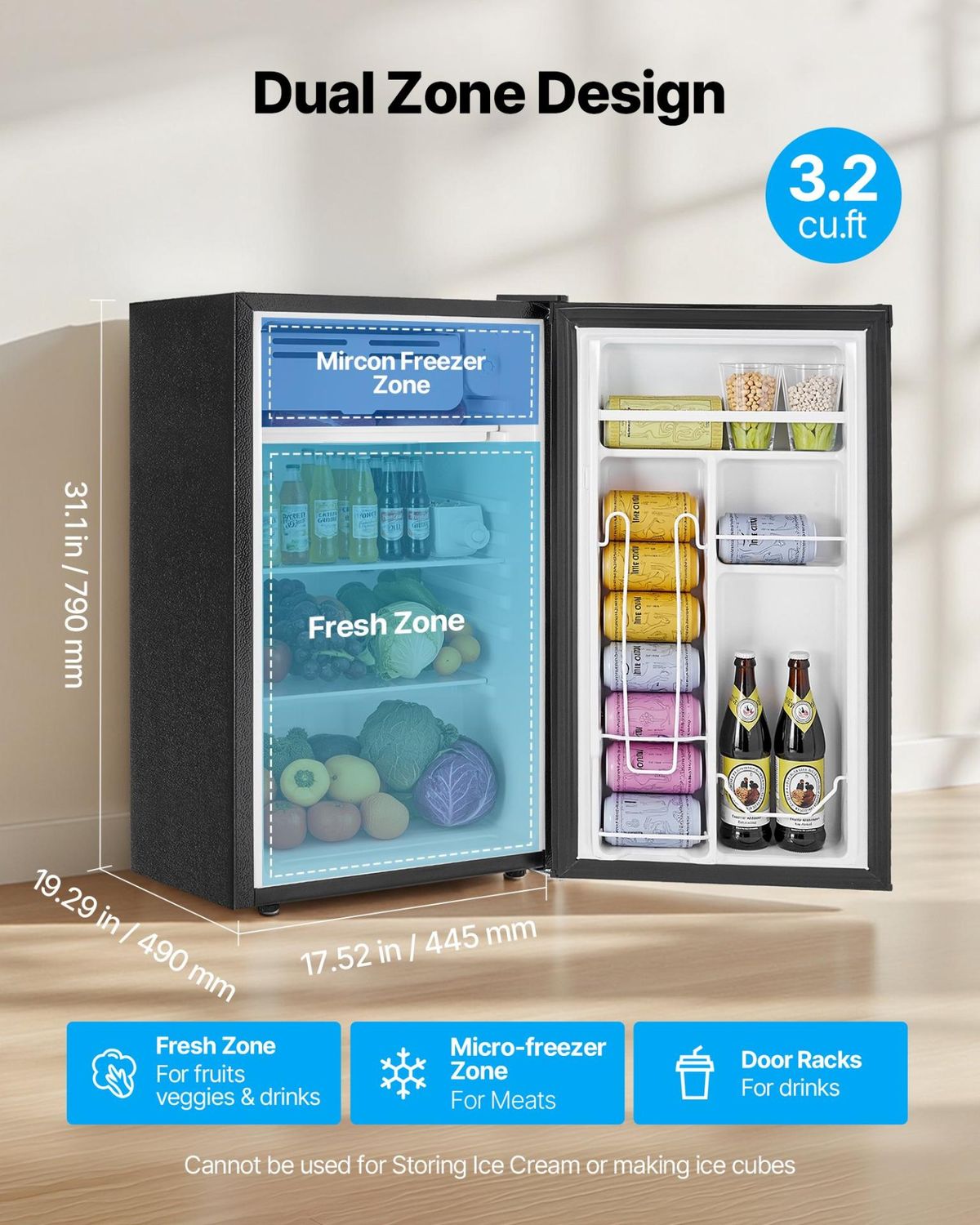 VEVOR Mini Fridge, 3.2 Cu.Ft, Single Door Compact Refrigerator, Adjustable, Capacity: 90 L