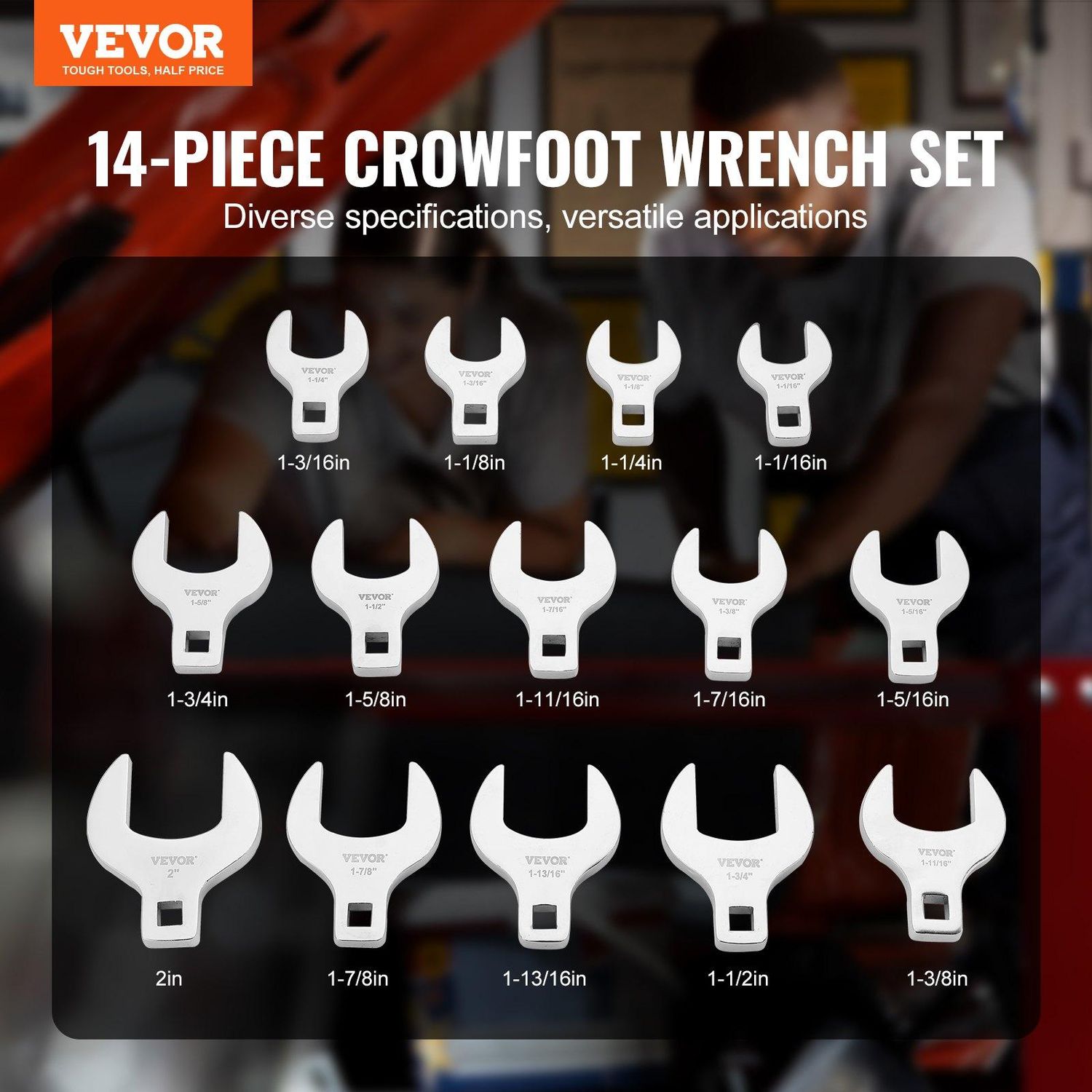 VEVOR Crowfoot Wrench Set, 1/2&quot; Drive 14-Piece SAE (1-1/16&quot; - 2&quot;) Crows Foot, Square Size: 1/2&quot; 14 Piece Set