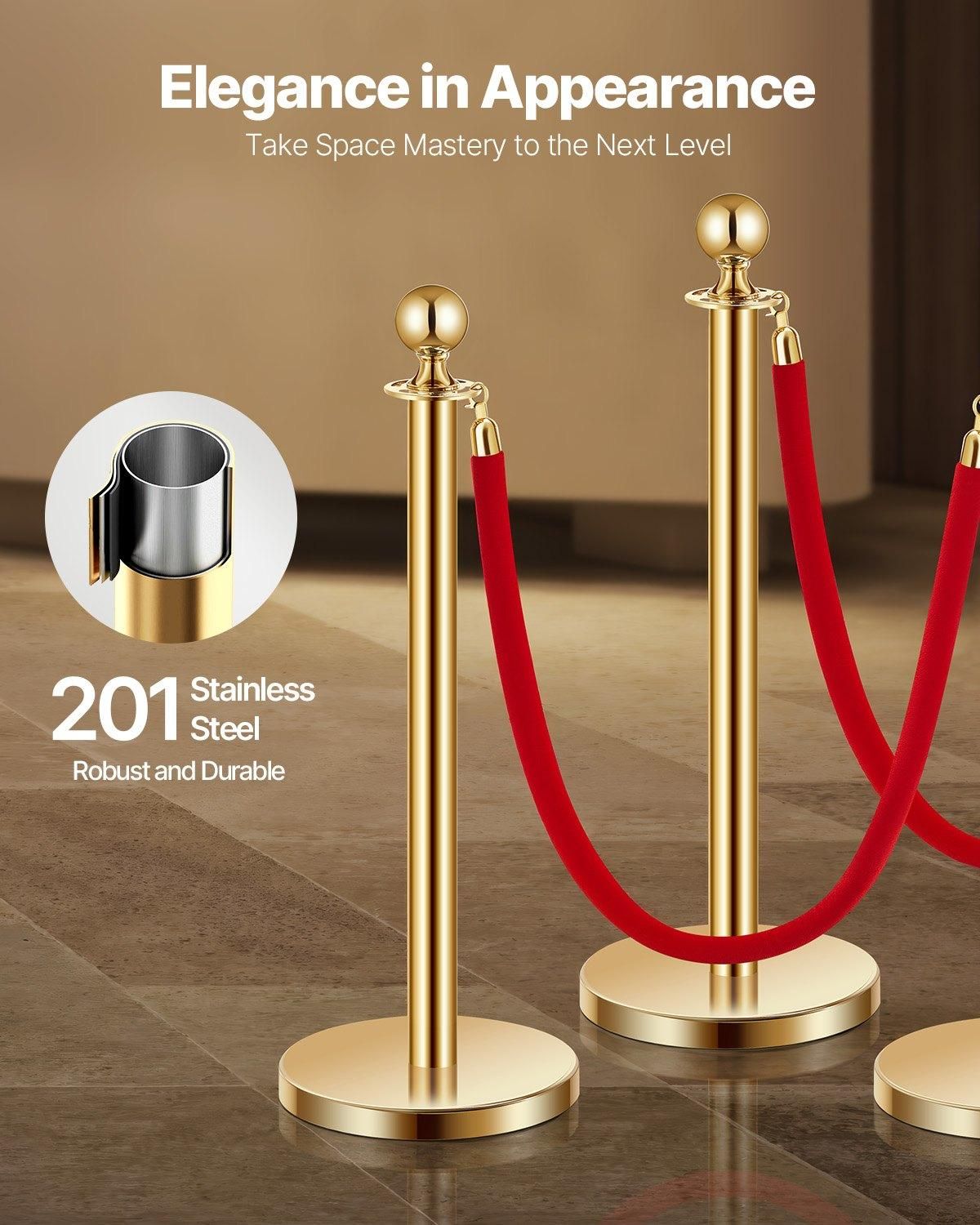 VEVOR Stanchions and Velvet Ropes 6Pcs, Hollow Base with Stainless Steel Post, 4, Size: 6 Pcs 4 Rope
