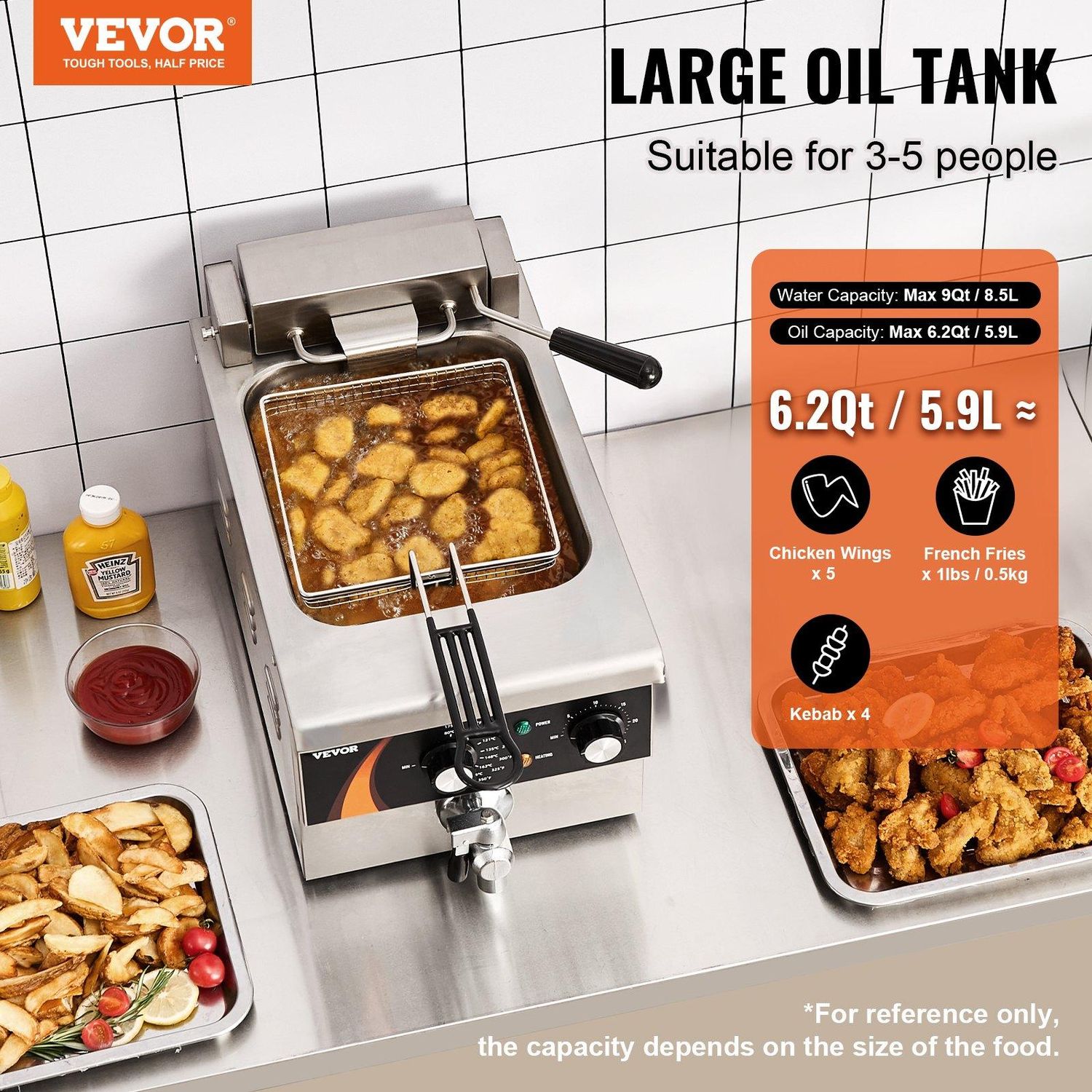VEVOR Commercial Deep Fryer, 1750W Electric Countertop Fryer with Basket, 9Qt