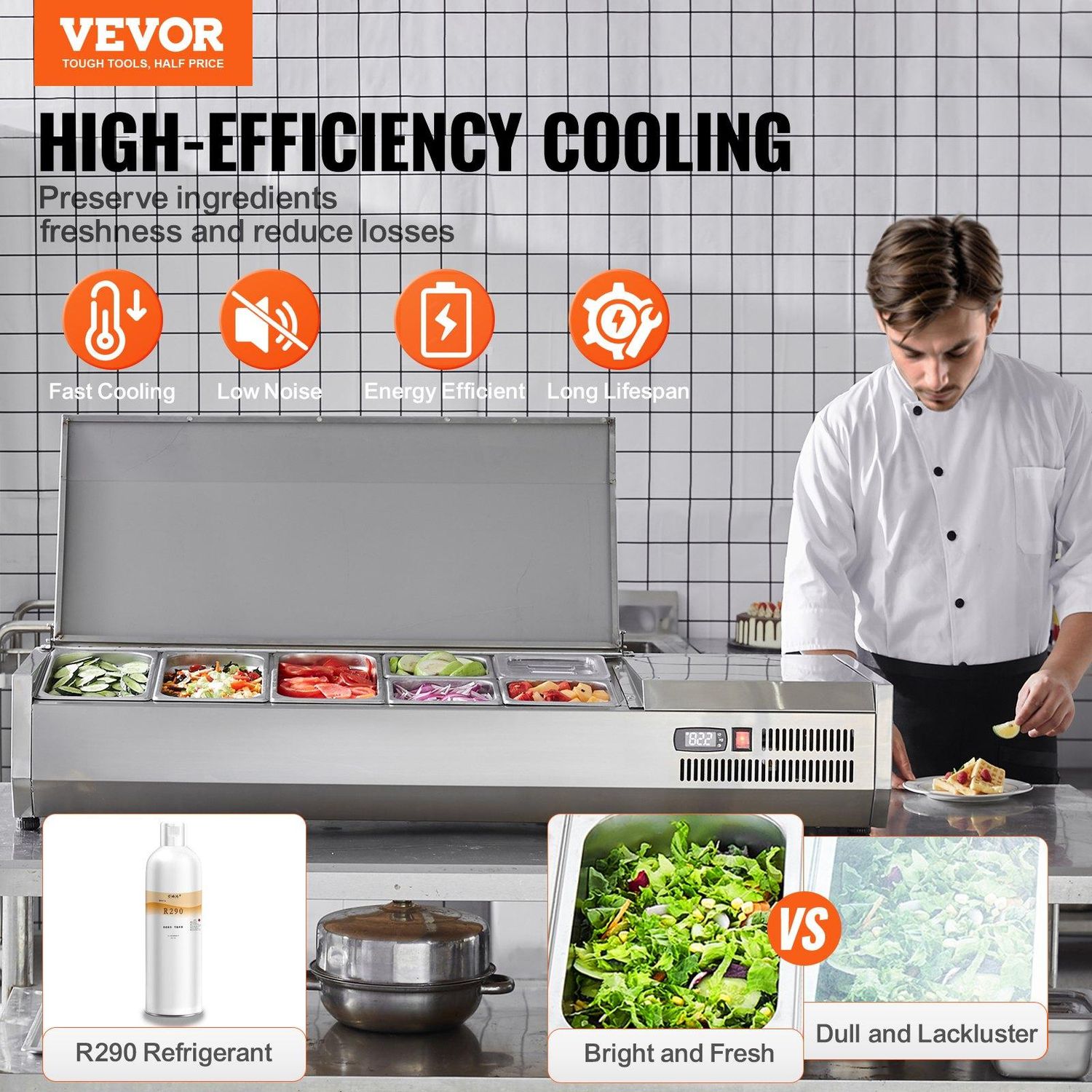 VEVOR Refrigerated Condiment Prep Station, 140 W Countertop Refrigerated