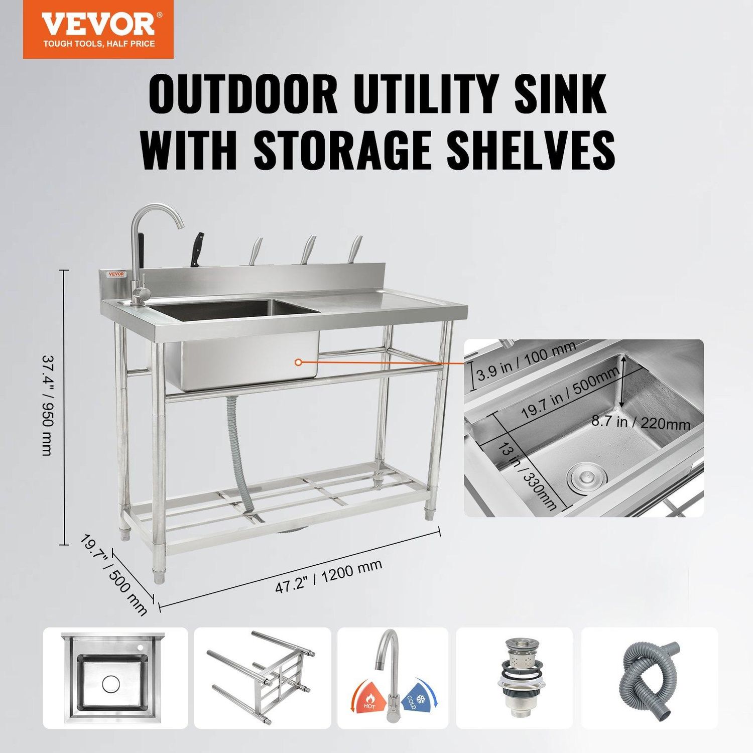 VEVOR Stainless Steel Utility Sink, Free Standing Single Bowl Commercial Kitchen