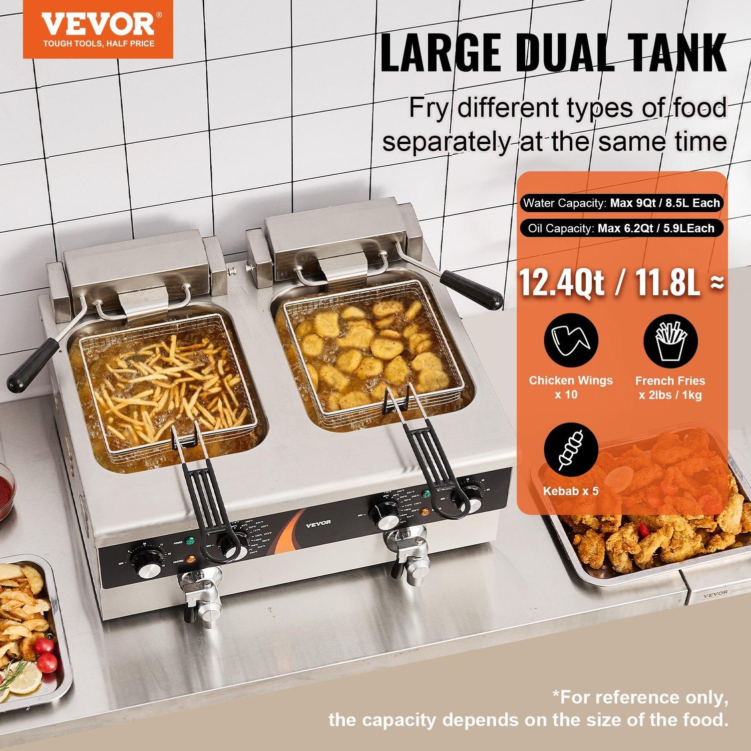 VEVOR Commercial Deep Fryer, Dual Tank 3500W Electric Countertop Fryer, 2 x 9Qt
