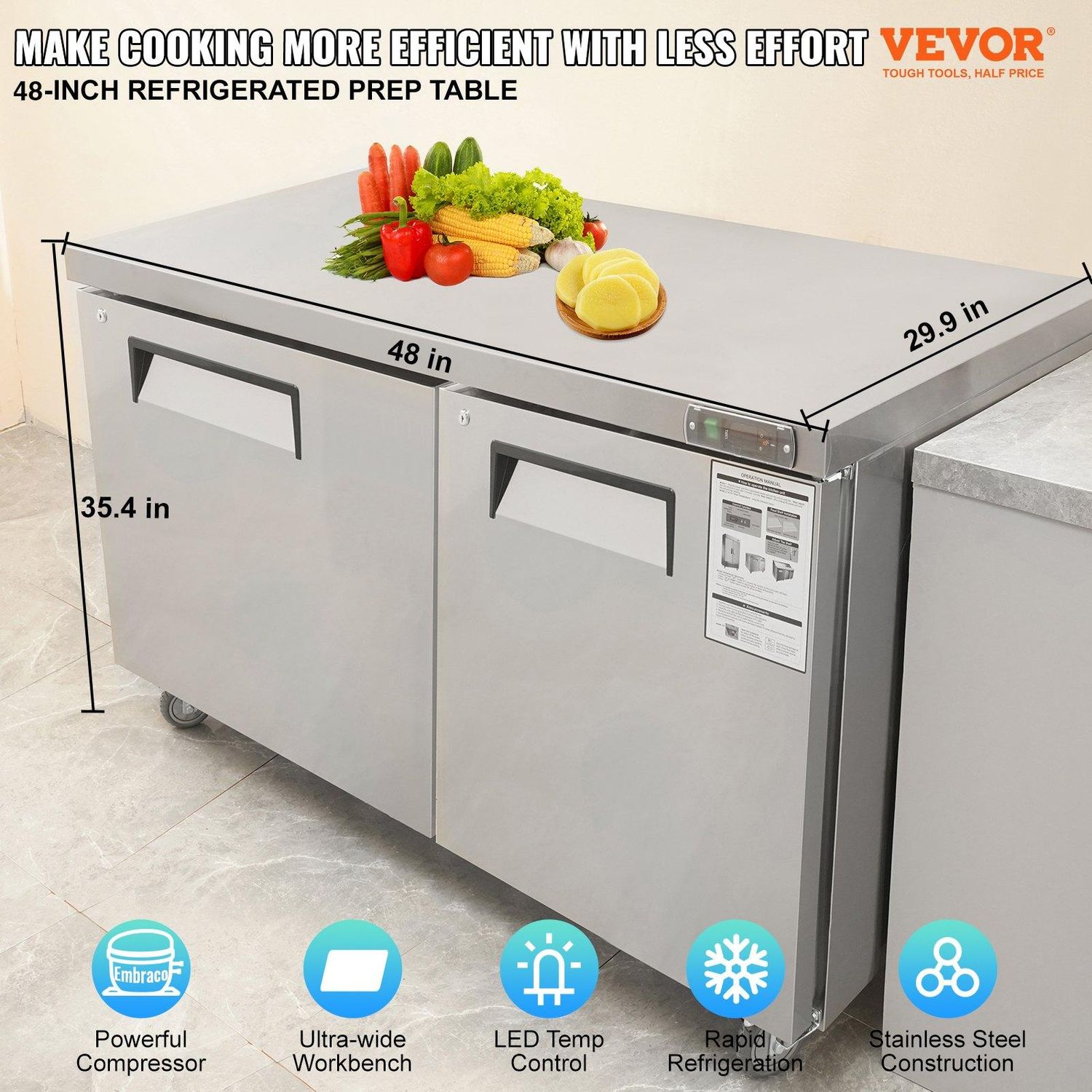 VEVOR Commercial Refrigerator, 48&quot; Worktop Undercounter Refrigerator, 12.85 Cu