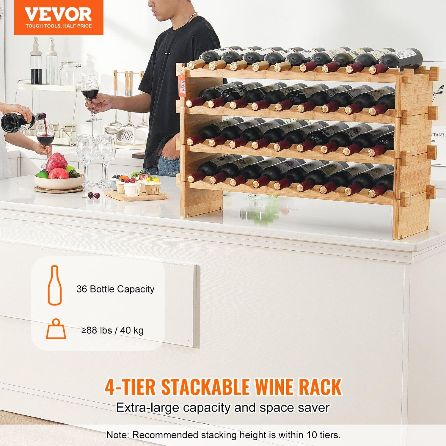 VEVOR 36 Bottle Stackable Modular Wine Rack, 4-Tier Solid Bamboo Wood Storage
