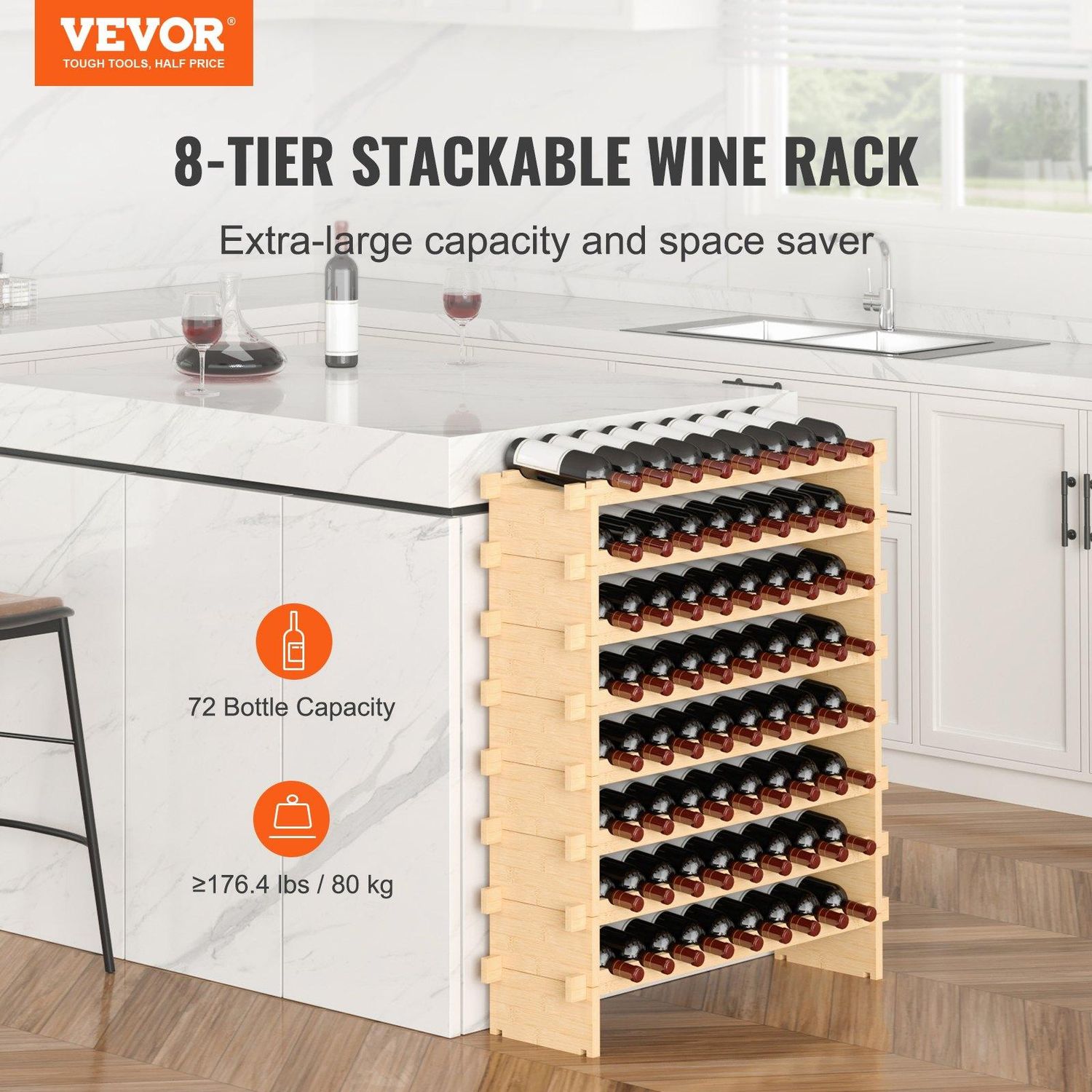 VEVOR 72 Bottle Stackable Modular Wine Rack, 8-Tier Solid Bamboo Wood Storage
