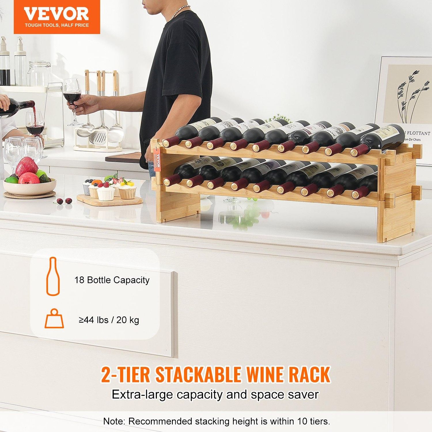VEVOR 18 Bottle Stackable Modular Wine Rack, 2-Tier Solid Bamboo Wood Storage