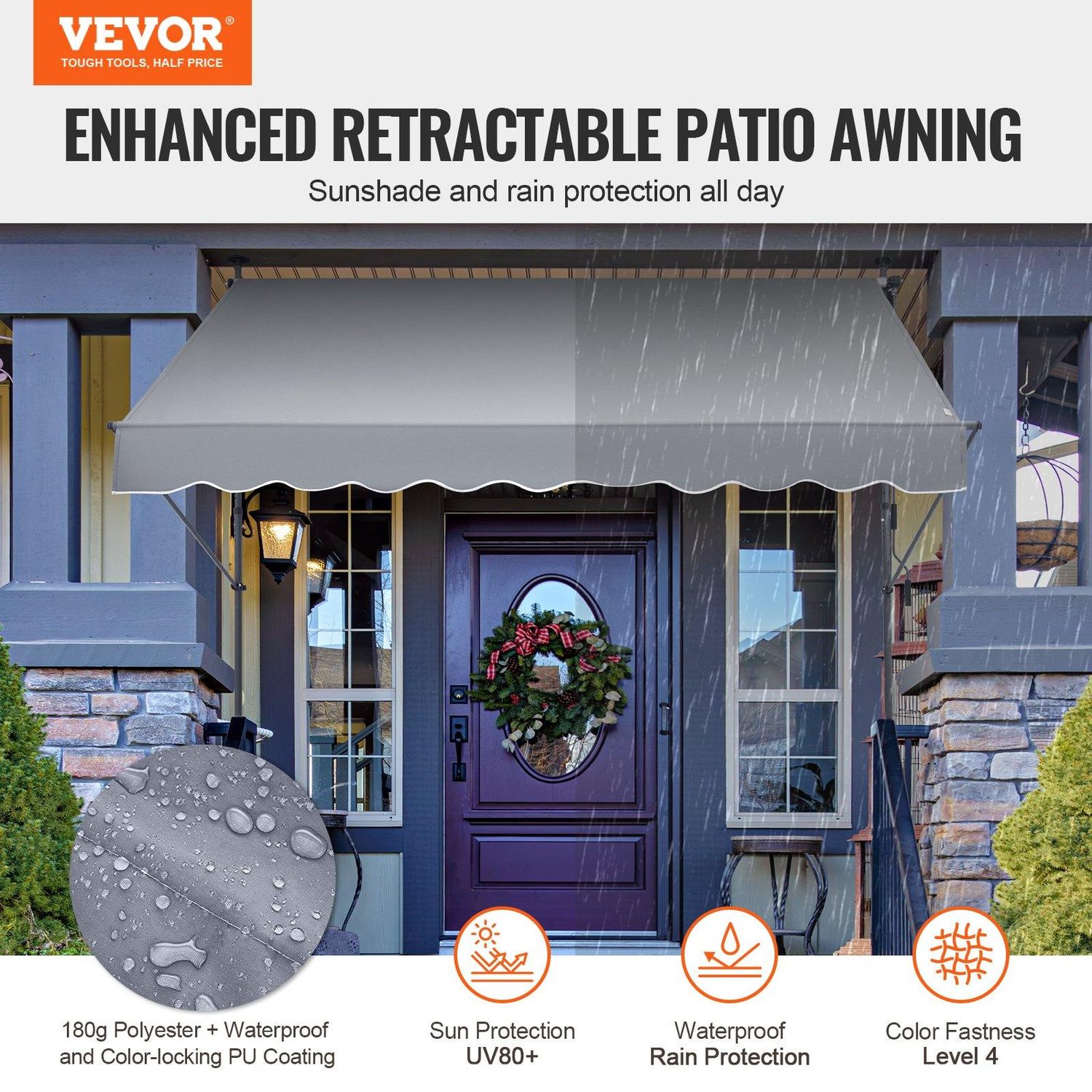 VEVOR 98 x 47&quot; Patio Awning Retractable, Awning Sunshade Shelter with Manual