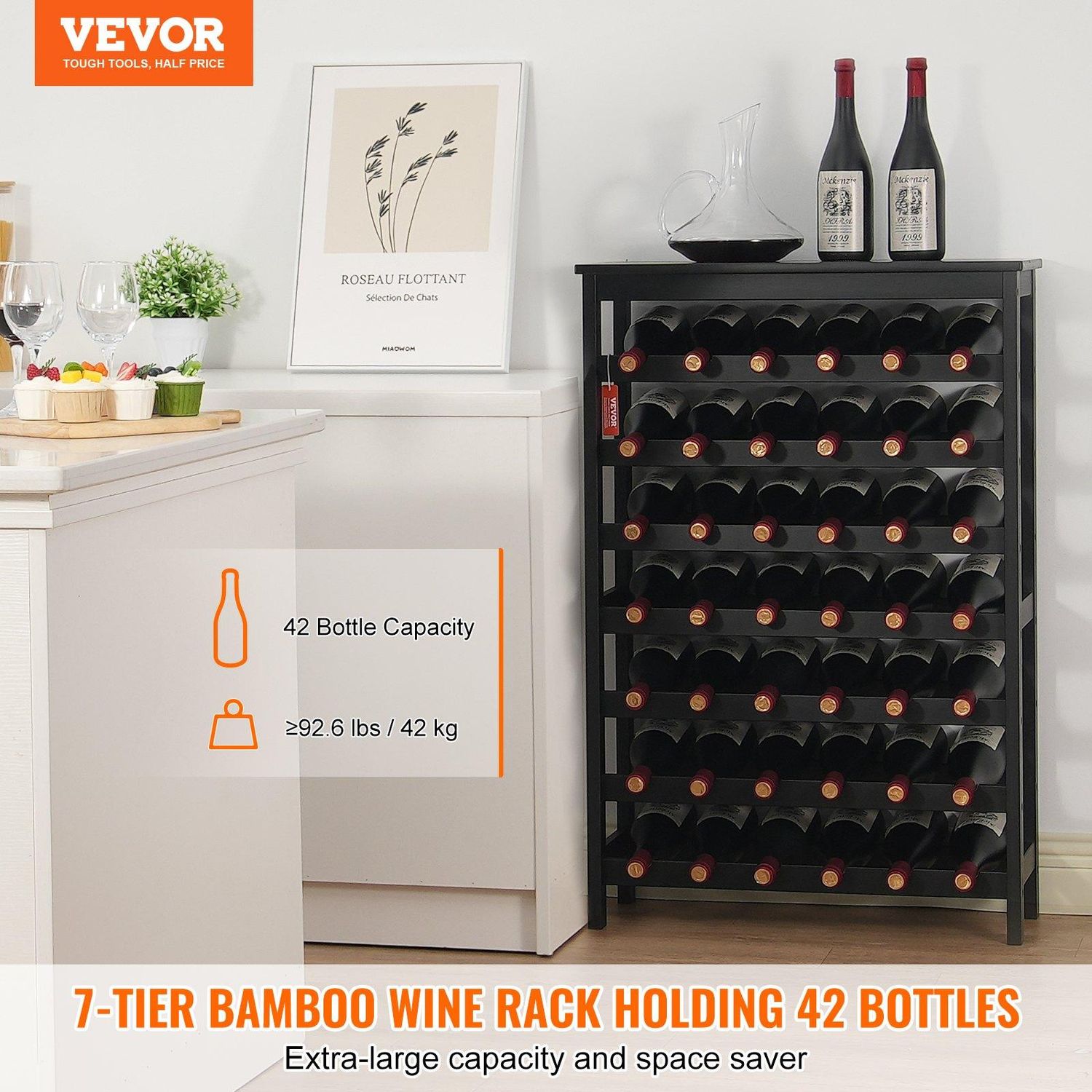 VEVOR 42 Bottle Modular Wine Rack, 7-Tier Solid Bamboo Wood Storage Racks with