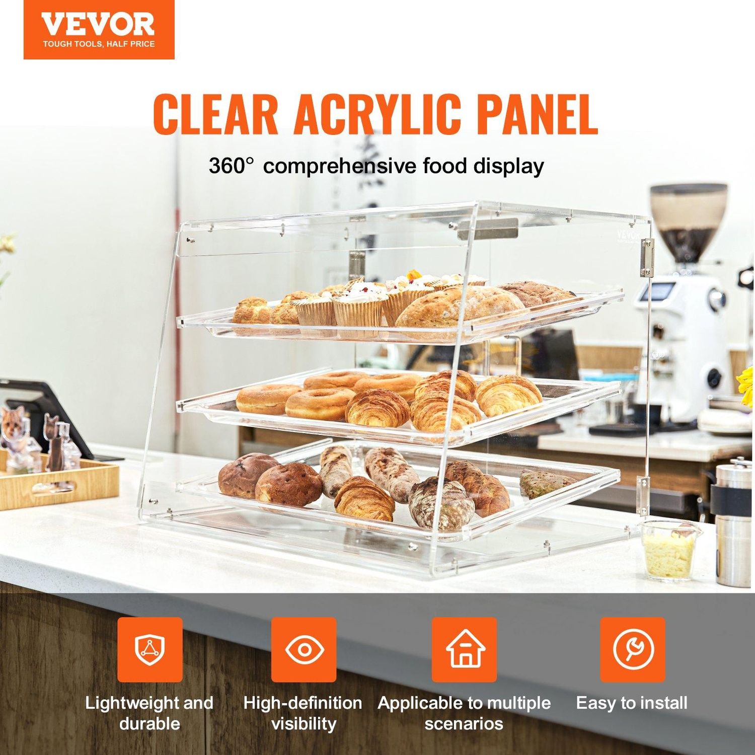 VEVOR Pastry Display Case, 3-Tier Commercial Countertop Bakery Display Case