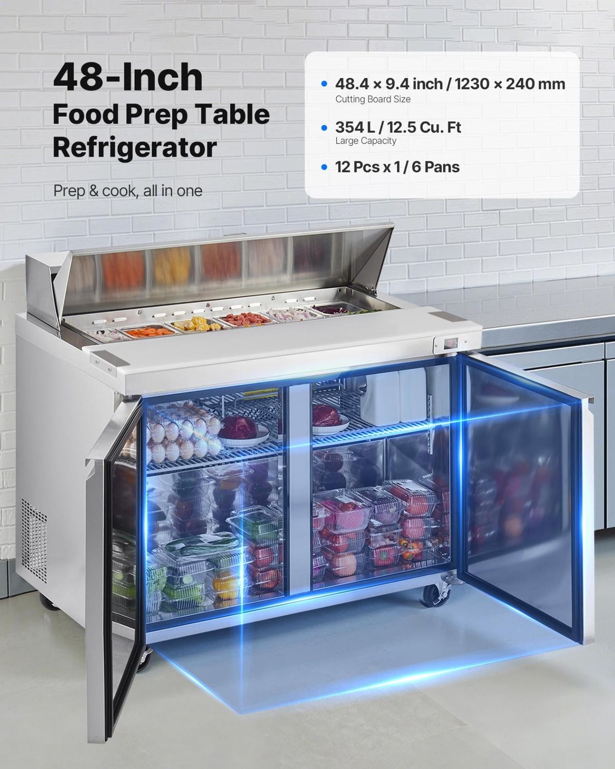 VEVOR 48&quot;W Commercial Refrigerator, 12.5 Cu. Ft Sandwich Prep Refrigerated