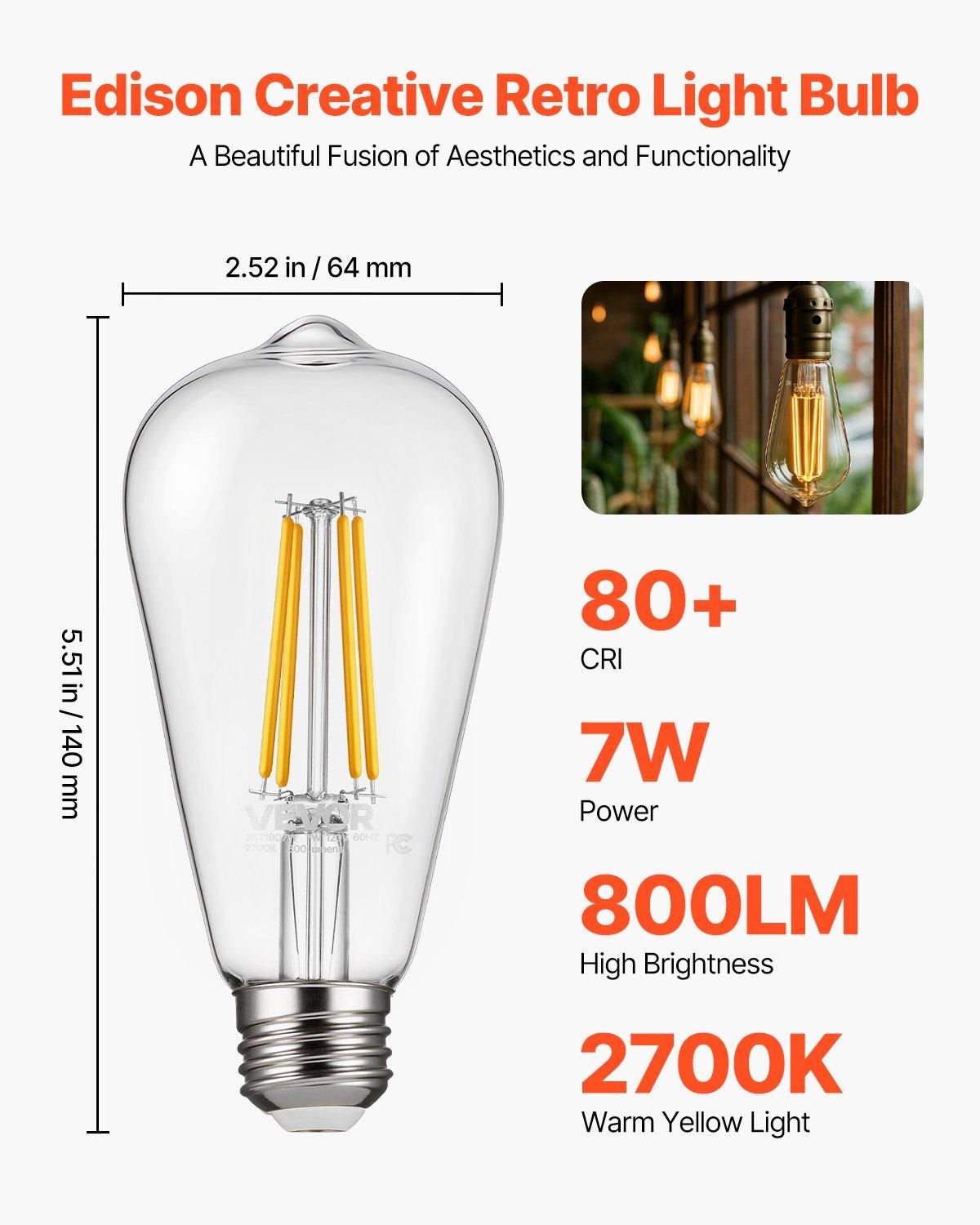 VEVOR 6 Pack Edison Bulbs LED, ST19 Vintage Edison Light Bulbs, 7W Dimmable 800, Bulb Model: ST19